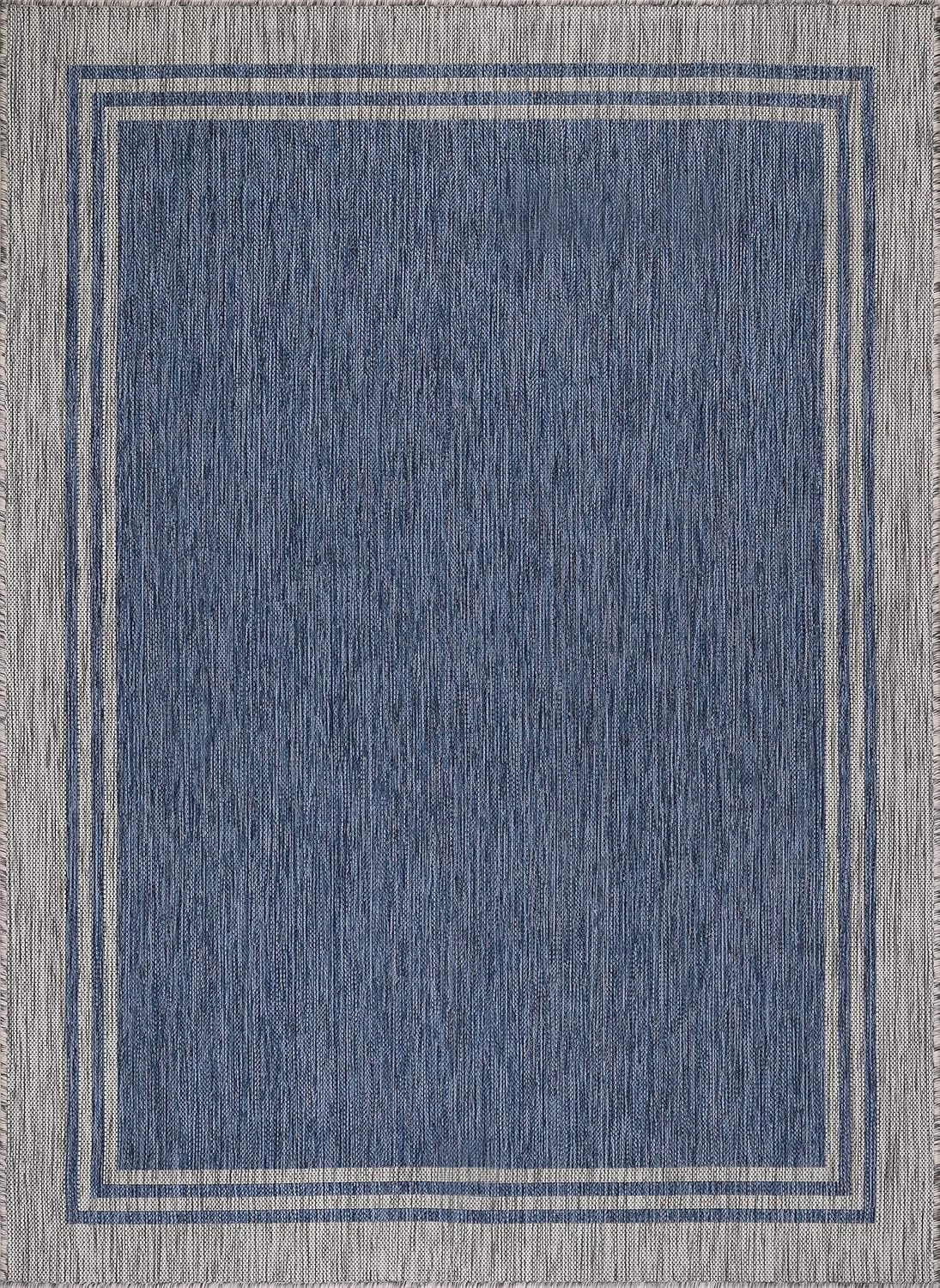 Alfombra lavable para interiores y exteriores, resistente a la intemperie, para porche, terraza, balcón, patio, 10 x 14 pulgadas, borde azul