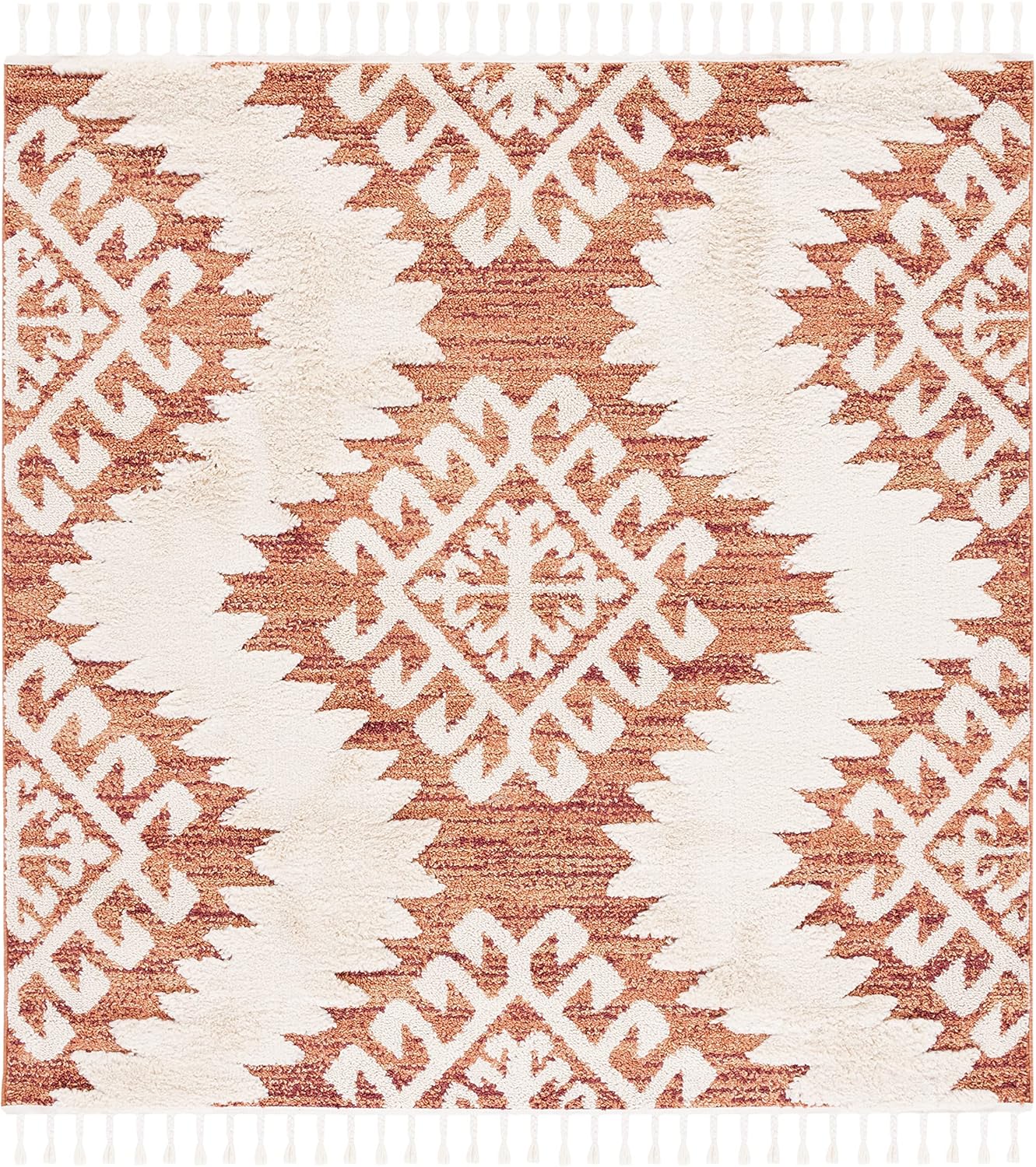 SAFAVIEH Tapete cuadrado marroquí con borlas, cuadrado de 4 pies, color naranja y marfil, diseño contemporáneo, ideal para zonas de alto tráfico en