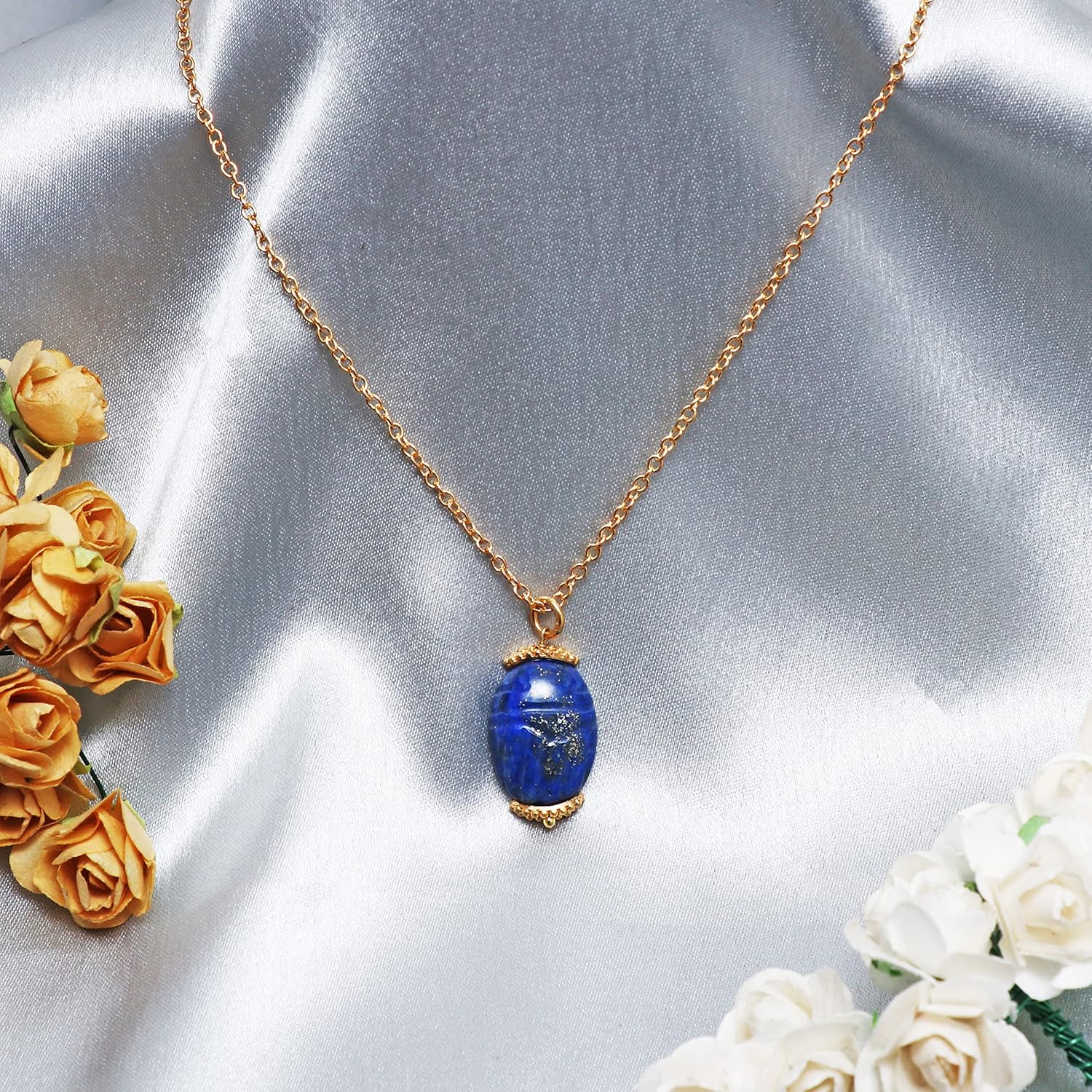Gempires Natural Lapis Lazuli Beetle Necklace, Scarab Pendant, September Birthstone, Energy Healing Crystals, Gift for Her, Gemstone Jewelry (Lapis