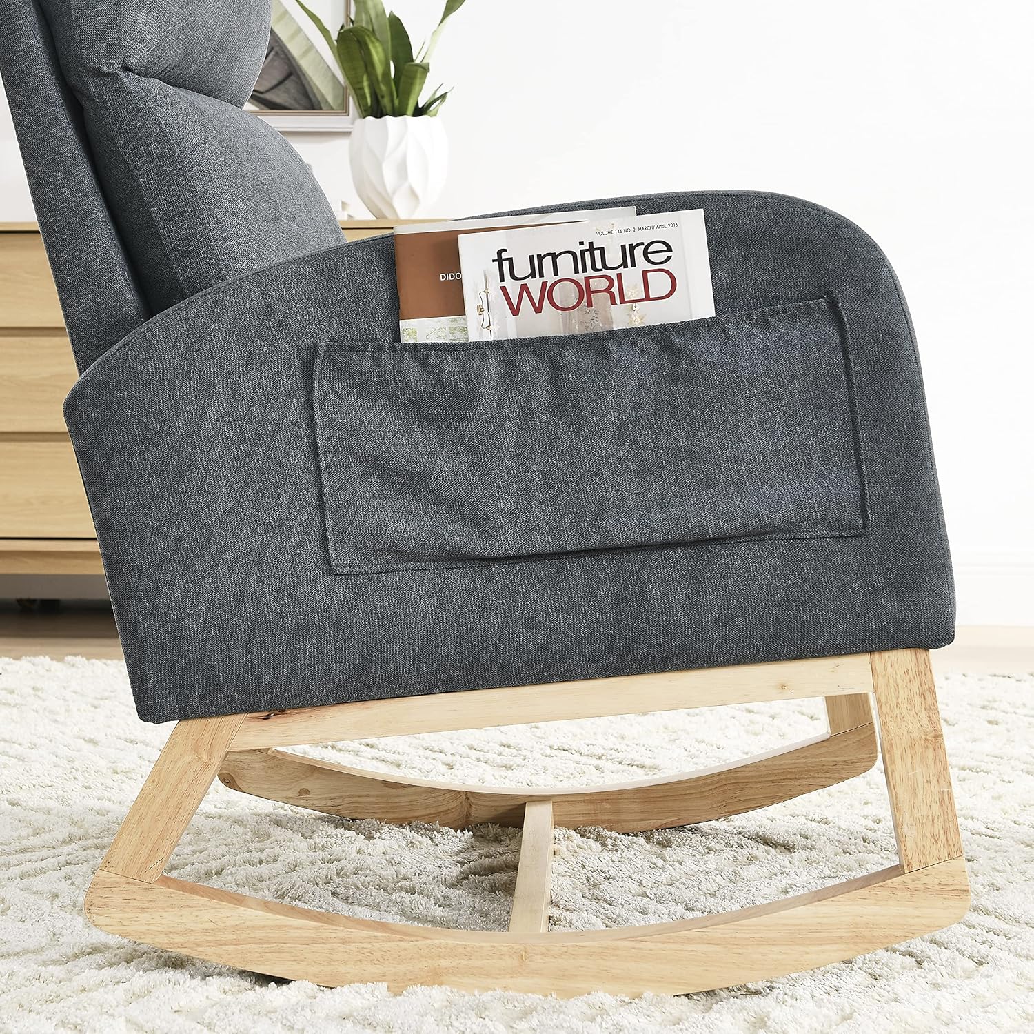 27.6 pulgadas de ancho, moderno acento mecedor, tapizado para habitación del bebé con respaldo alto y reposabrazos, cómodo sillón con dos bolsillos