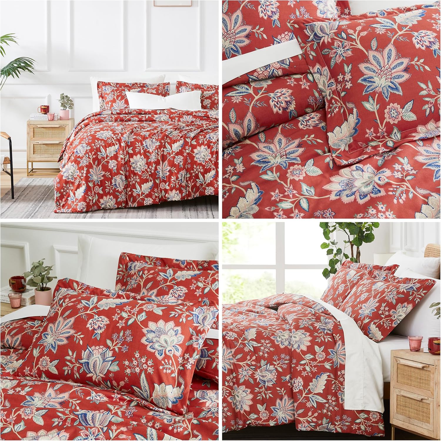 Southshore Fine Living, Inc. Jacobean Willow Collection – Juego de funda de edredón tamaño individual, funda de edredón floral roja de 2 piezas con