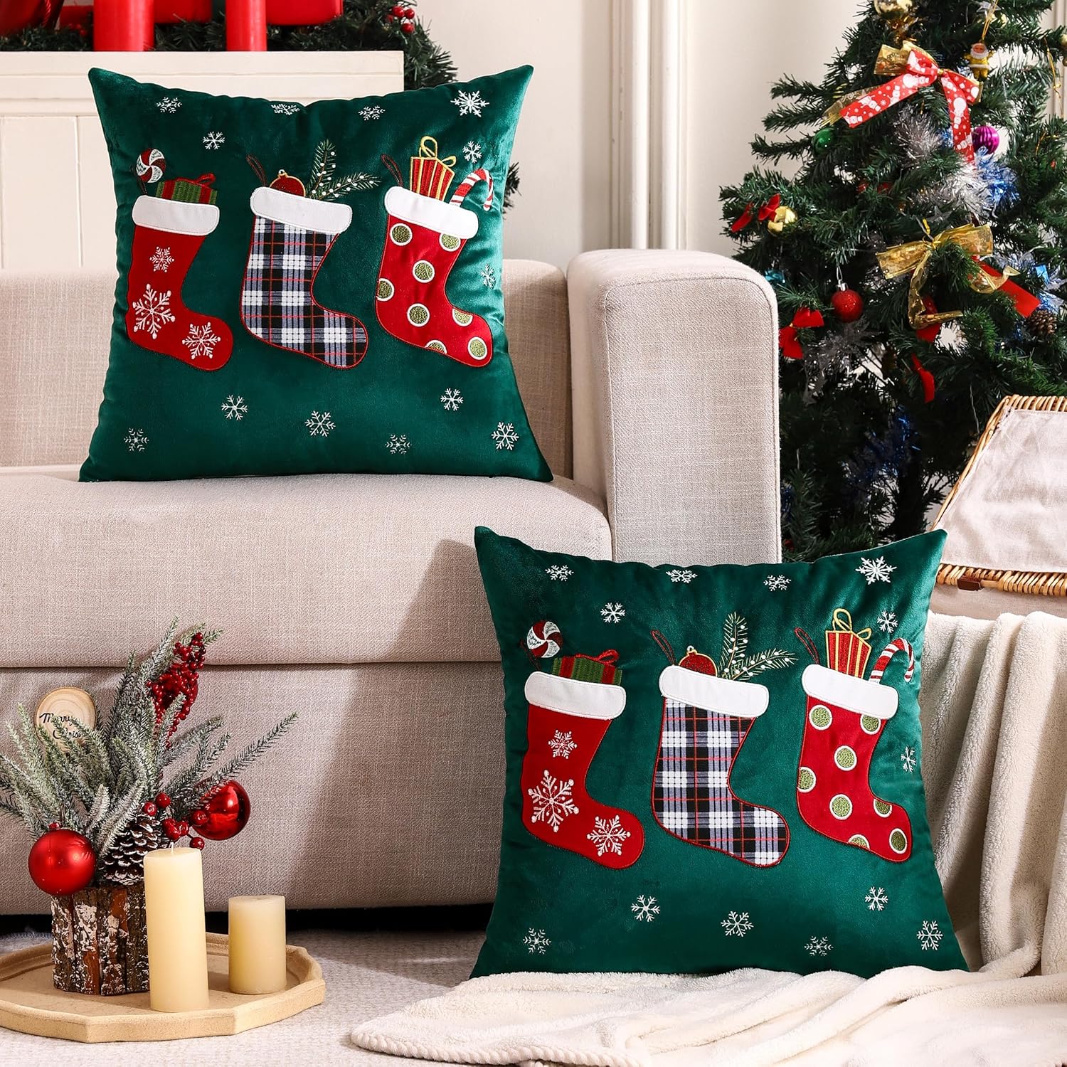 Tosleo Juego de 2 fundas de almohada de color verde de Navidad de 18 x 18 pulgadas, fundas de almohada bordadas de copo de nieve, decoraciones de