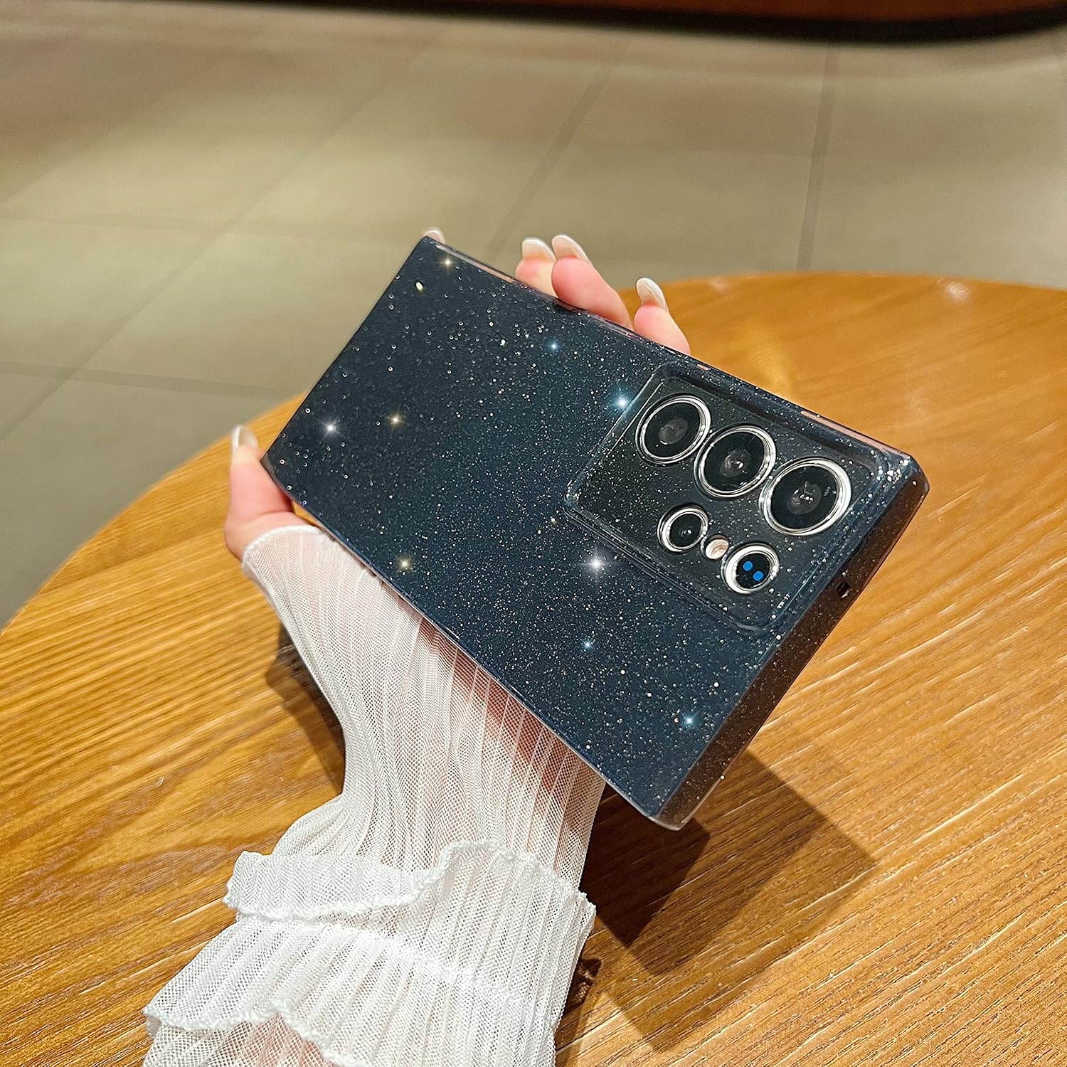 Funda para Samsung Galaxy S23 Ultra, con purpurina negra brillante y linda para niñas y mujeres, esquinas reforzadas de TPU flexible, a prueba de