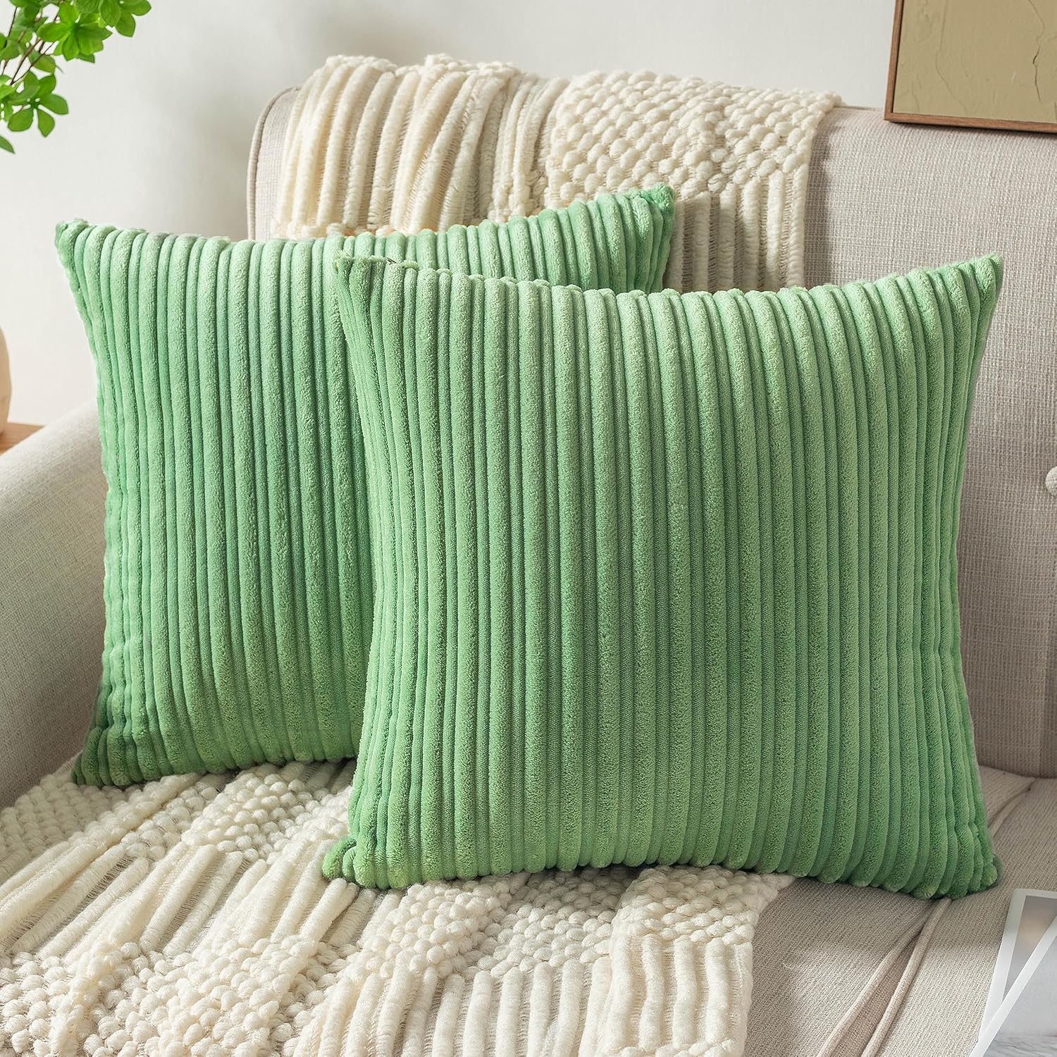 UGASA – Juego de 2 fundas de almohada de terciopelo suave de 18 x 18 pulgadas, decorativas, de pana a rayas en ambos lados, fundas de cojín