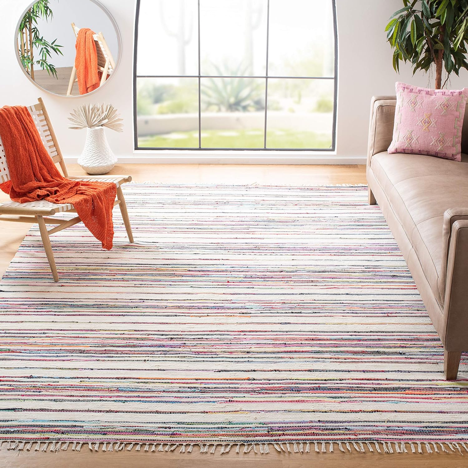 SAFAVIEH Rag Rug Collection – Alfombra de área de 5 x 8 pies, color marfil y multicolor, hecha a mano, de algodón a rayas, ideal para zonas de alto