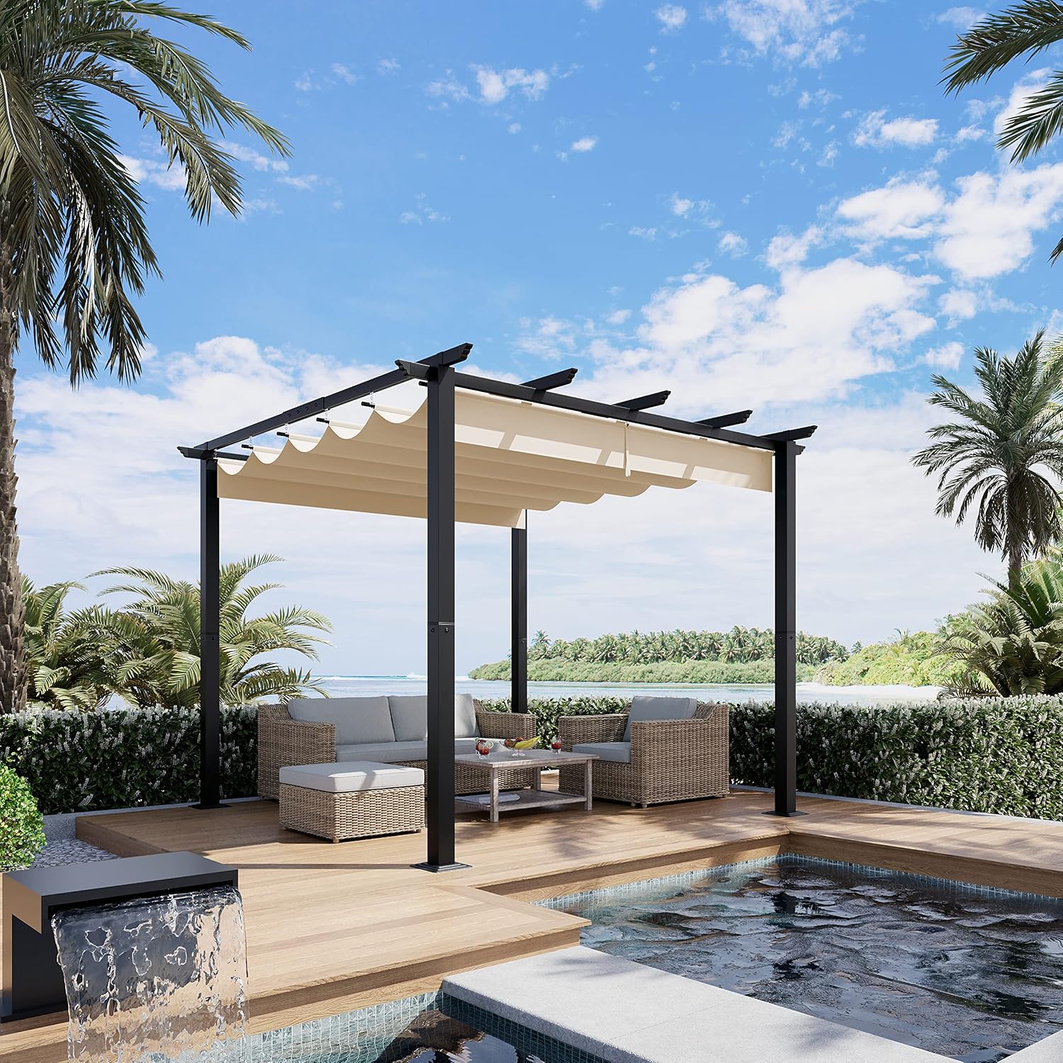 Luckyberry Pérgola retráctil para exteriores de 10 x 10 pies con toldo para patio, refugio de metal para jardín, porche, playa, pabellón, parrilla,