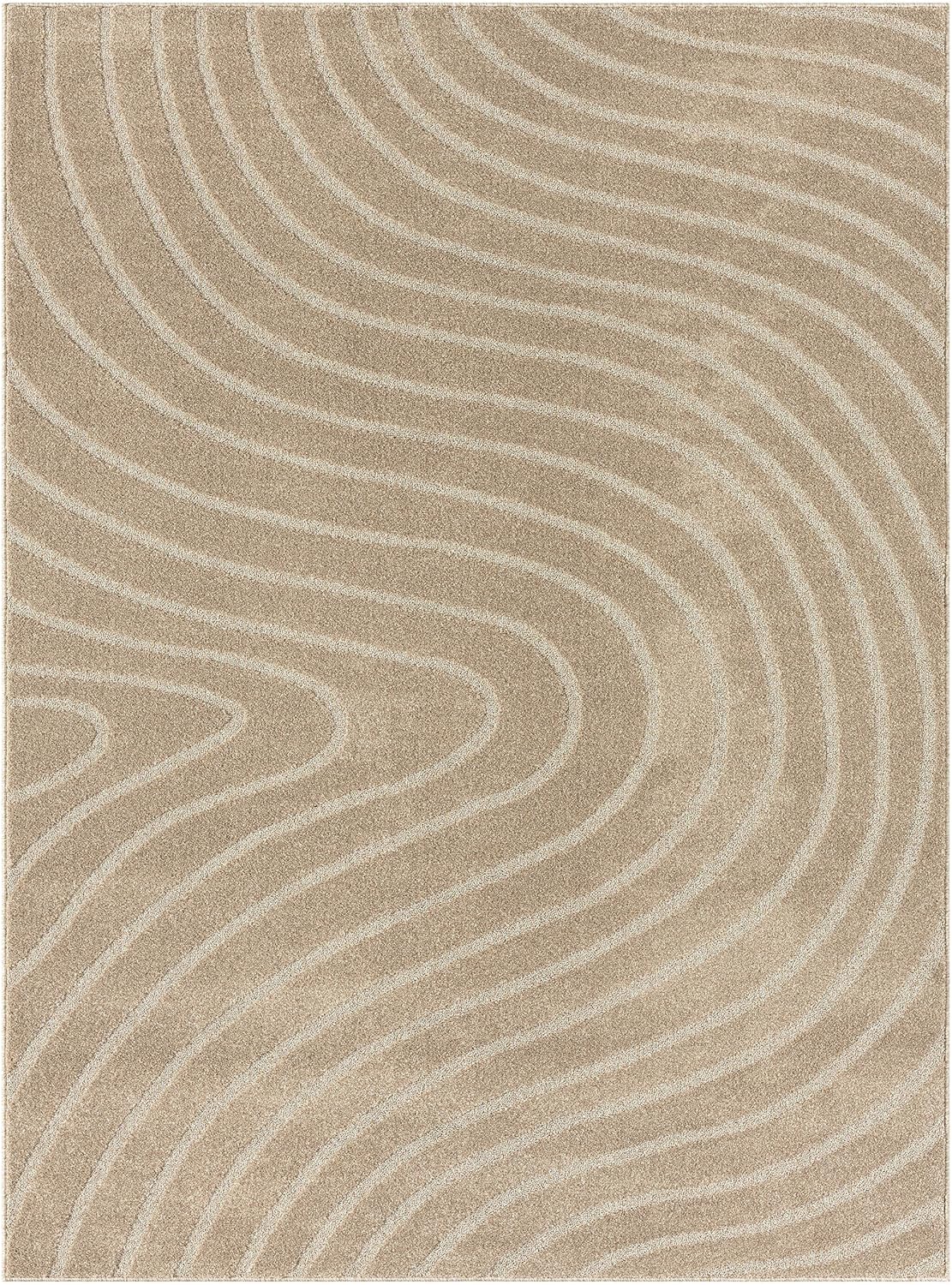 LUXE WEAVERS Alfombra moderna con ondas geométricas beige de 9 x 12 pulgadas, alfombra contemporánea resistente a las manchas