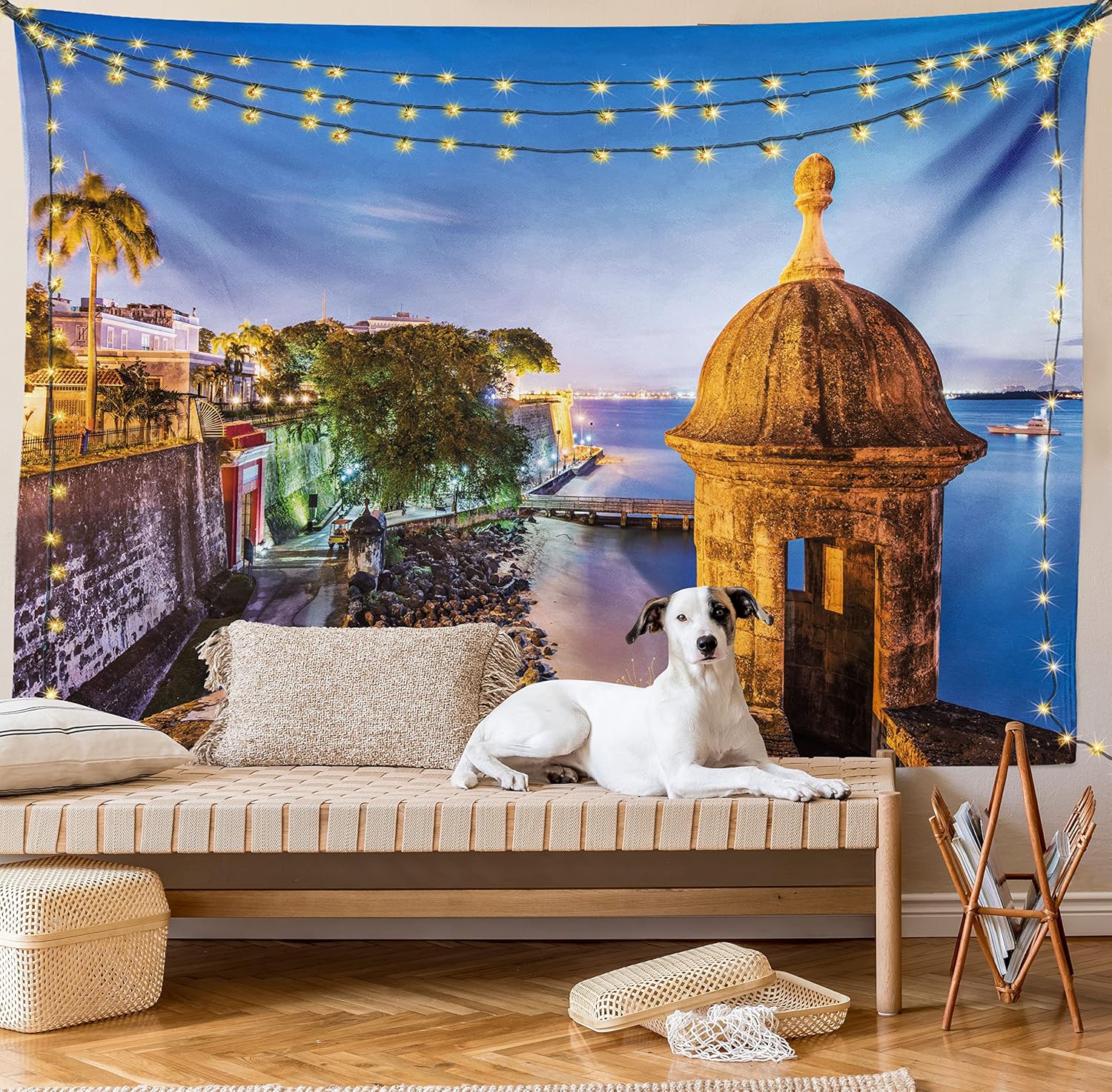 Lunarable Tapiz de Puerto Rico, Coast at Paseo de la Princesa estilo retro con elementos arquitectónicos, decoración de tela para colgar en la pared