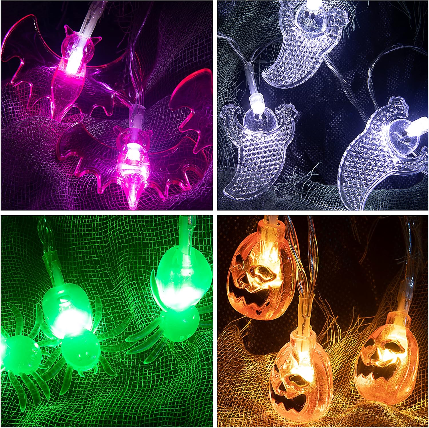 JOYIN Decoraciones de luces de Halloween, juego de 4 tiras de luces a pilas (calabaza murciélago fantasma araña) con temporizador, 4 x 15 pies, 8