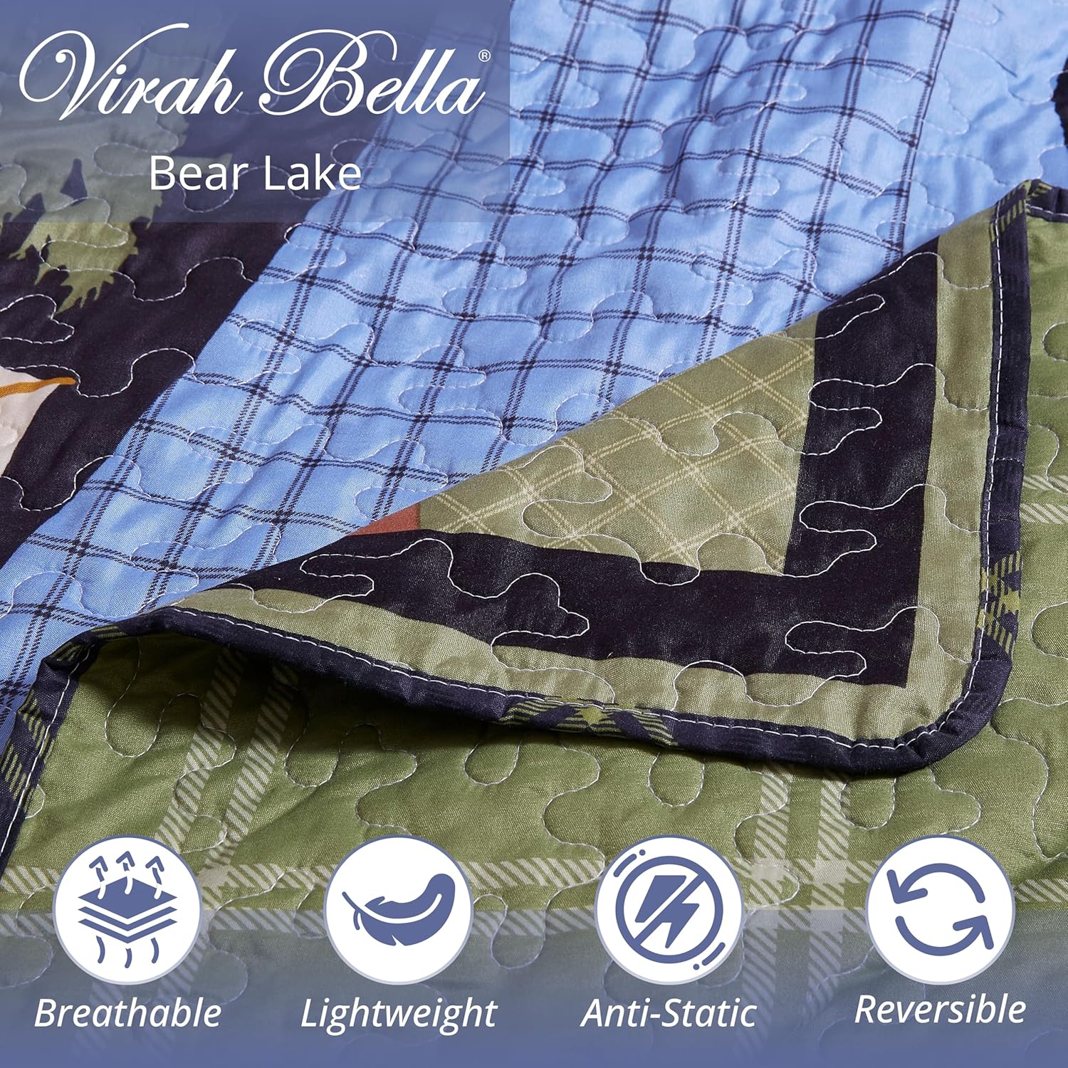 Virah Bella Juego de ropa de cama King Lodge de 3 piezas, Bear Lake, juego de edredón reversible de campamento con fundas de almohada decorativas,