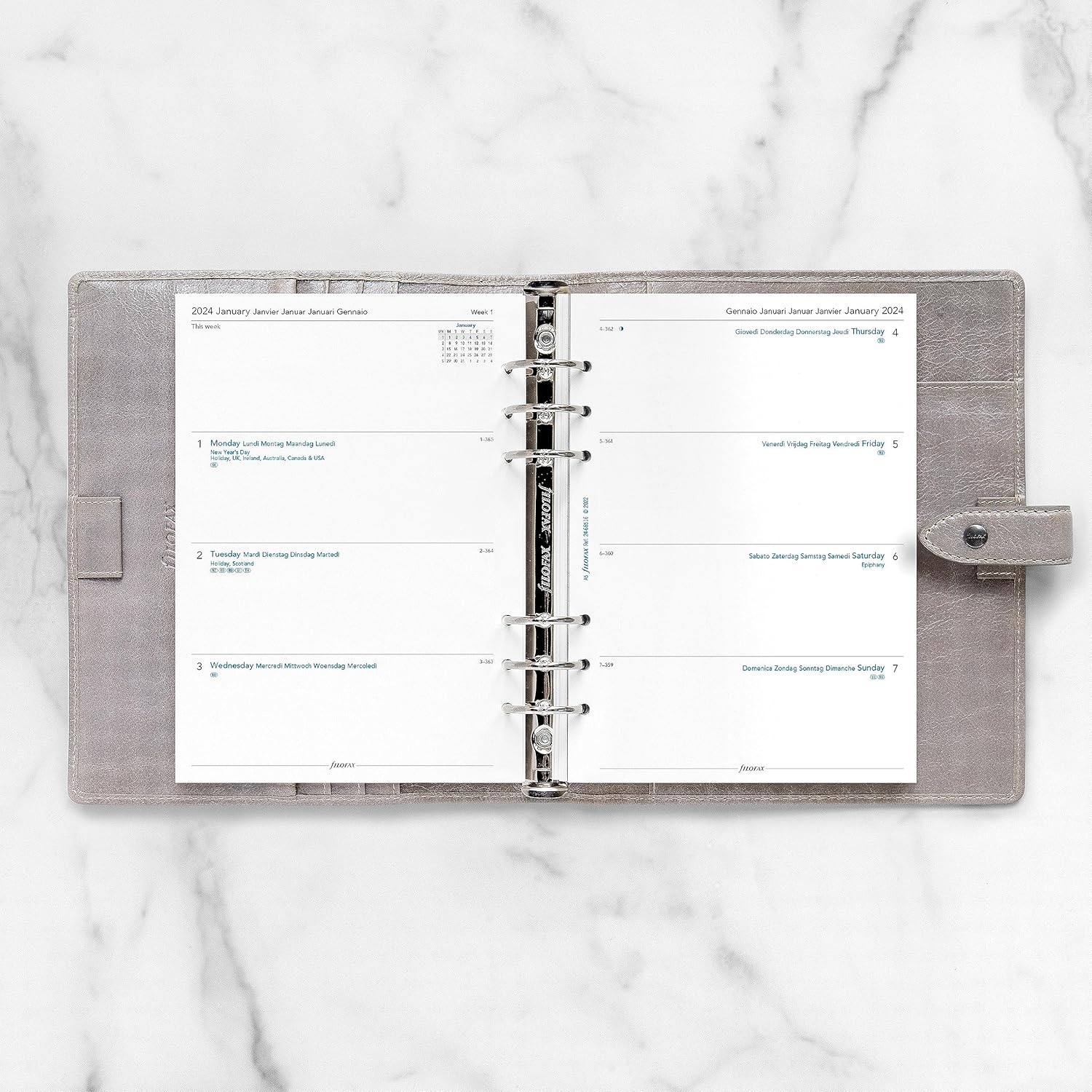 Filofax Recambio de diario para calendario, tamaño A5, sección semanal con notas, libro blanco, sin rayas, multilingüe cinco idiomas, 2024