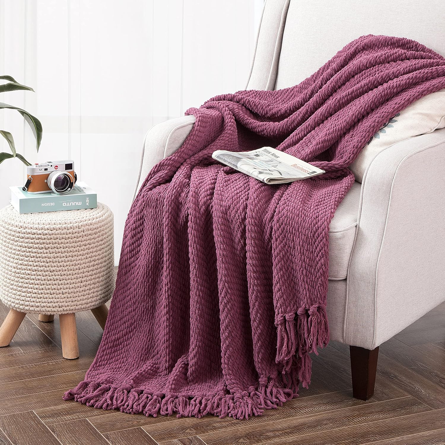 Manta para sofá, funda de sofá suave de punto texturizado, manta de tweed morado con borlas de flecos para decoración del hogar, cama, sofá, silla,