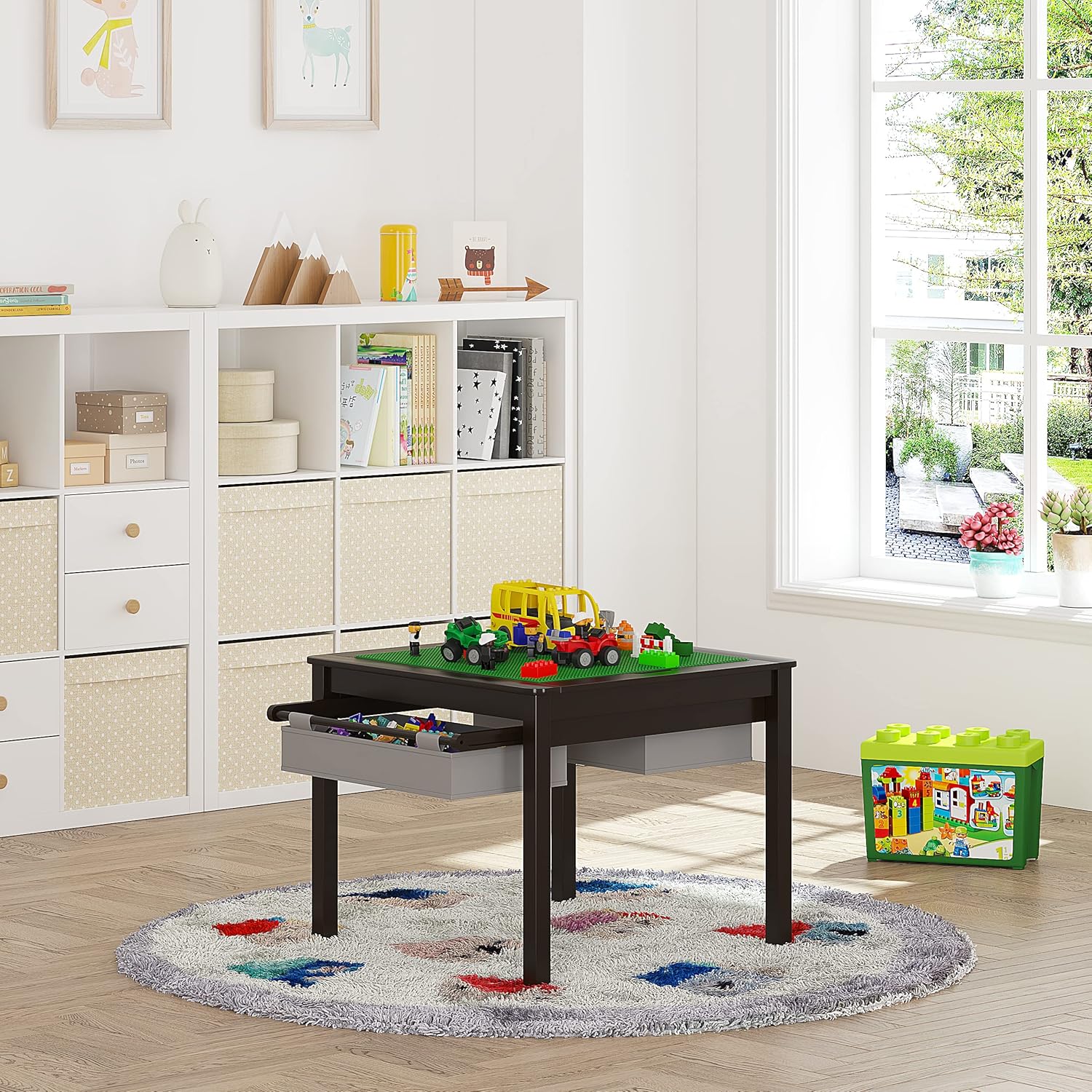 UTEX – Mesa de juegos 2 en 1 para niños con cajones de almacenamiento y base para legos integrada.