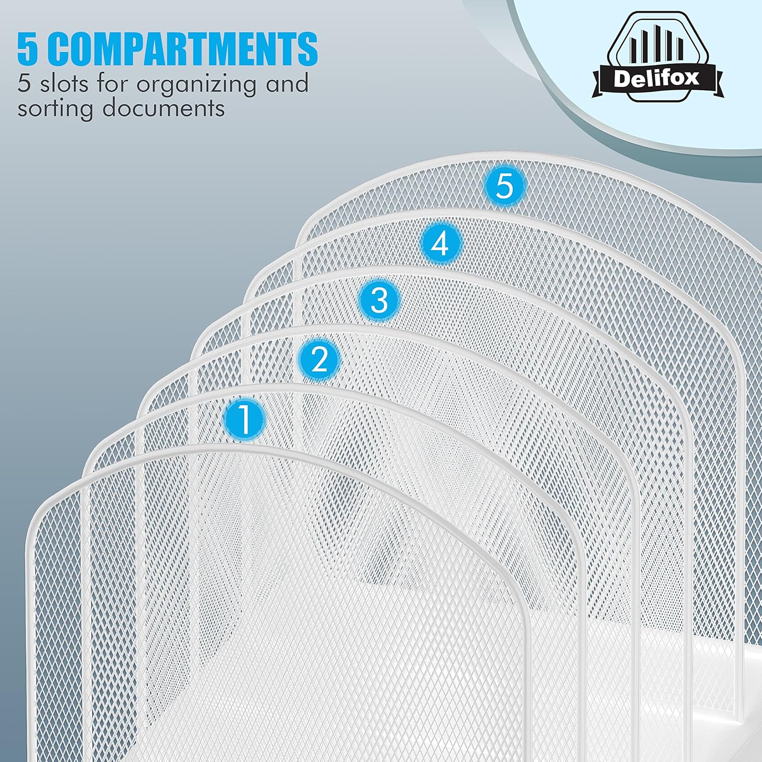 Organizador de archivos de escritorio inclinado, soporte vertical de 5 secciones, soporte de metal clasificador de archivos para oficina y aula