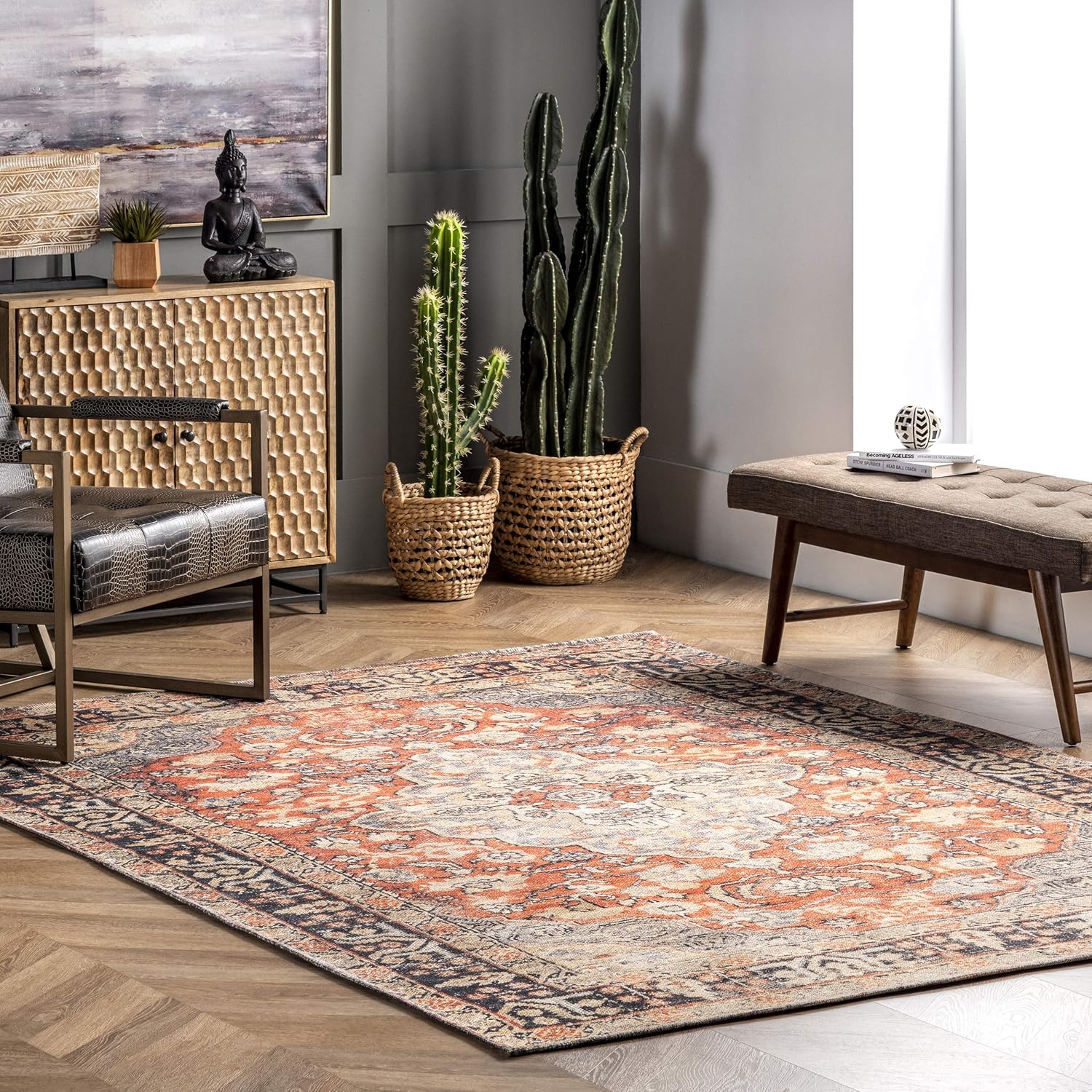 nuLOOM Esmeralda – Alfombra envejecida de medallón, 5 x 8 pies, color naranja