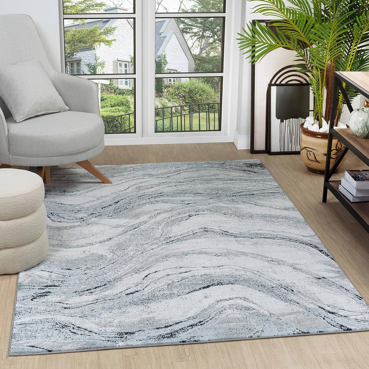 GLORY RUGS Alfombra abstracta moderna de 8 x 10 pies, color gris azul marino, se desvanece suave para sala de estar, dormitorio, hogar y oficina