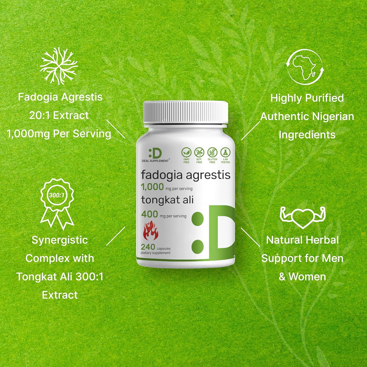 Fadogia Agrestis 1,000 mg y Tongkat Ali (Longjack) 400 mg, 240 cápsulas – Extracto de tallo y raíz de fuerza máxima – Suplemento herbario natural –