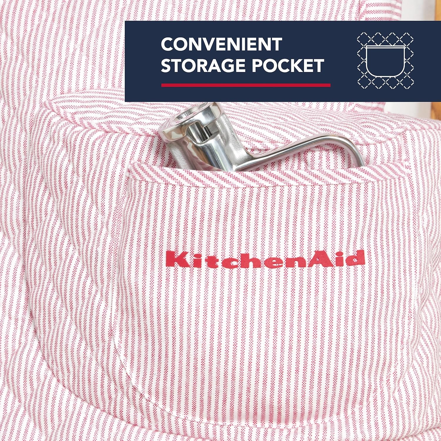 KitchenAid Funda para batidora con soporte de rayas inclinables y bolsillo de almacenamiento, acolchada 100% algodón, 14.4 x 18 x 10 pulgadas, rosa