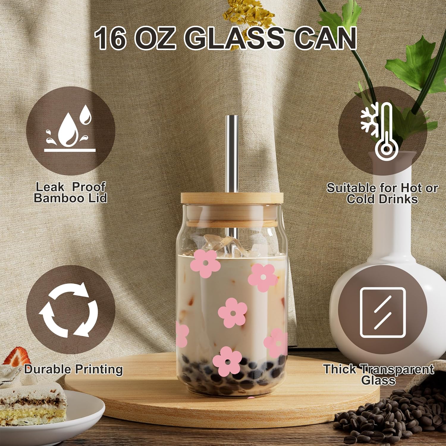 Lindas tazas de vidrio con tapas y pajitas con diseño, vaso con forma de lata floral retro, vasos estéticos para café helado, vaso de vidrio