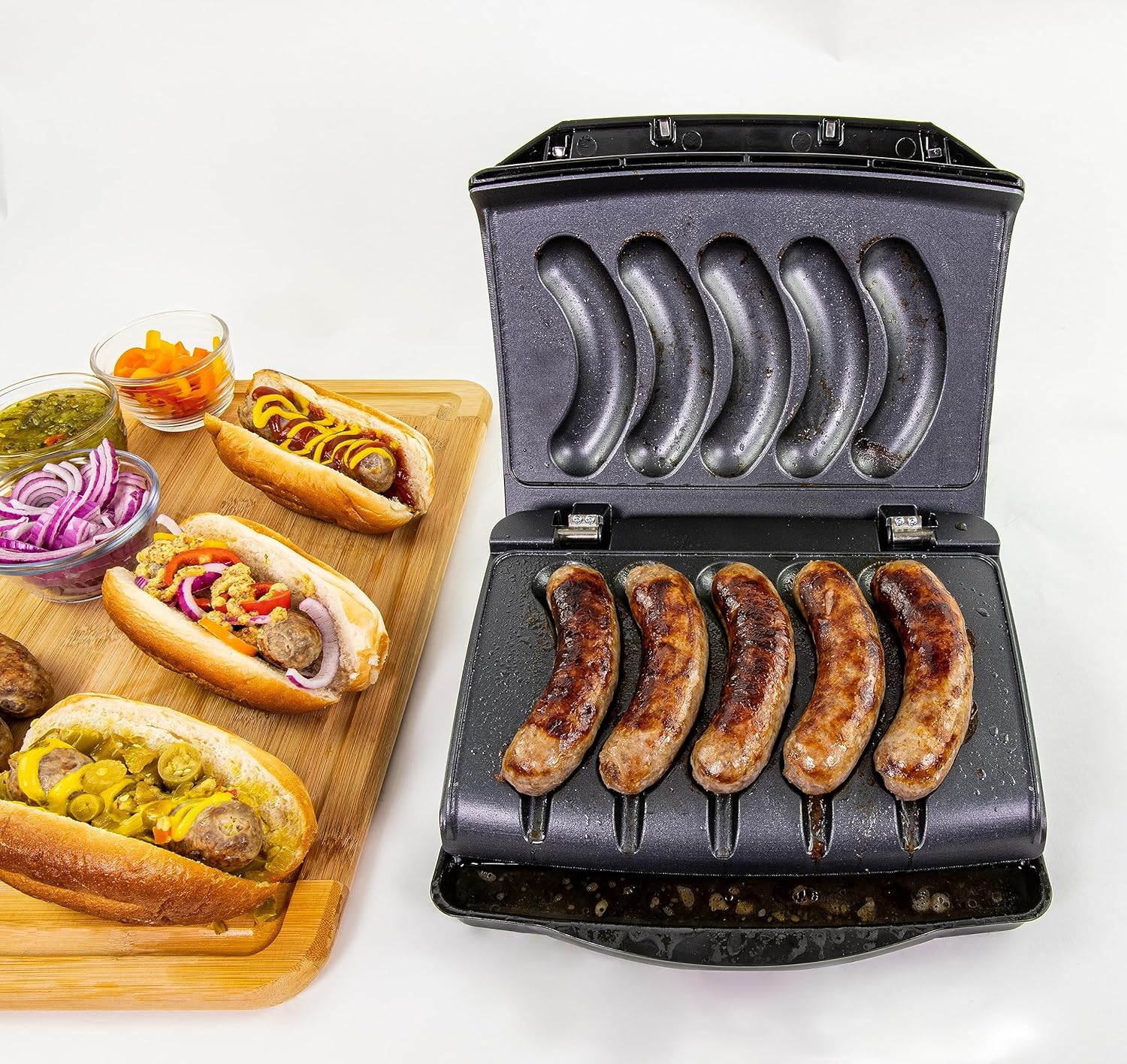 Homecraft – Parrilla eléctrica para salchichas y mocosos con bandeja de goteo de aceite, asa de transporte y almacenamiento de cables, hasta 5