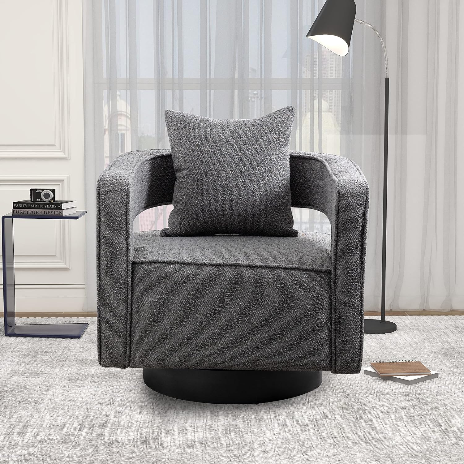 HomSof Silla giratoria de 29.0 pulgadas de ancho con respaldo abierto, moderna y cómoda, para club, ocio, sillón para descanso, gris y negro, 4