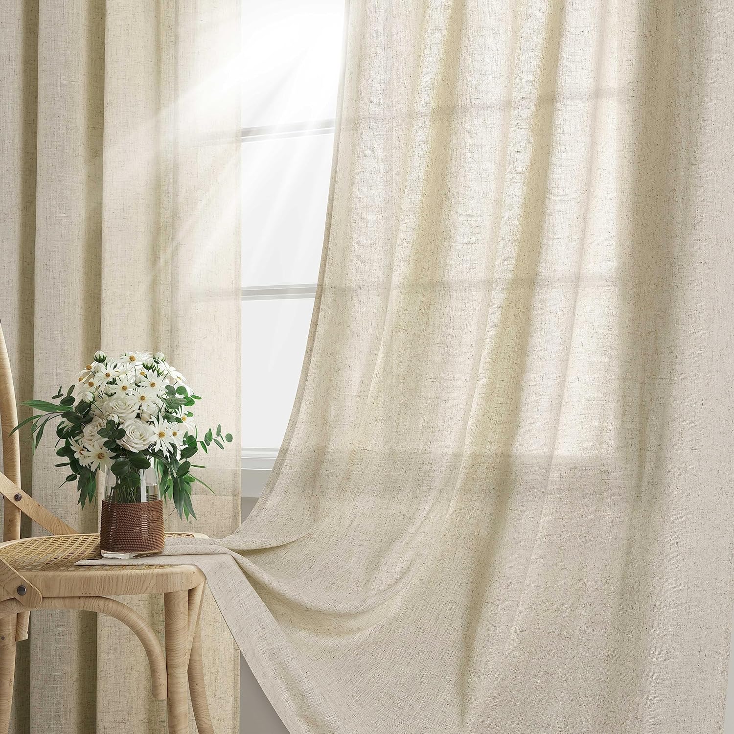 Cortinas de lino beige de 96 pulgadas de largo para dormitorio, cortinas de lino semitraslúcidas que filtran la luz, para sala de estar, casa rural