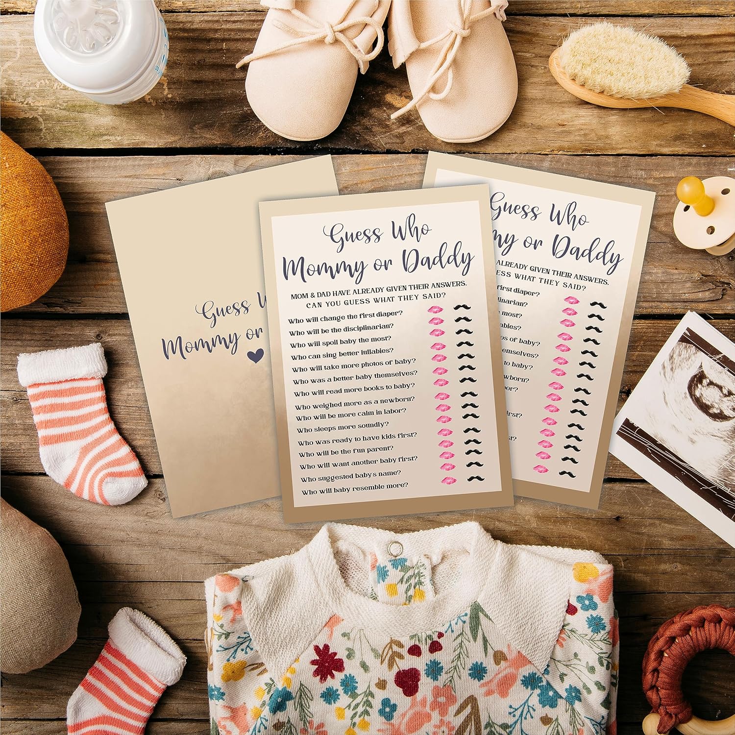 Adivina quién Juego de mamá o papá para baby shower, 30 tarjetas de juego de relleno de doble cara color caqui para bebé niño y niña, revelación de