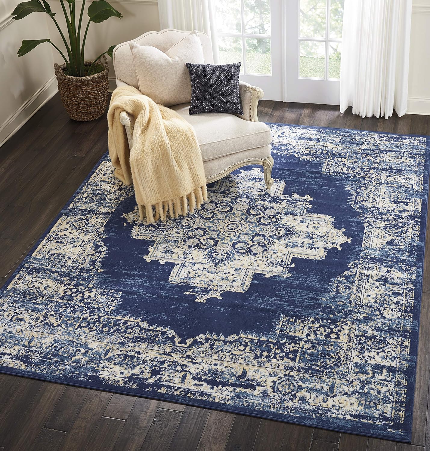 Nourison Grafix – Alfombra persa de 8 pies 6 pulgadas x 12 pies, azul marino, fácil de limpiar, no se desprenden hilos, para dormitorio, sala de