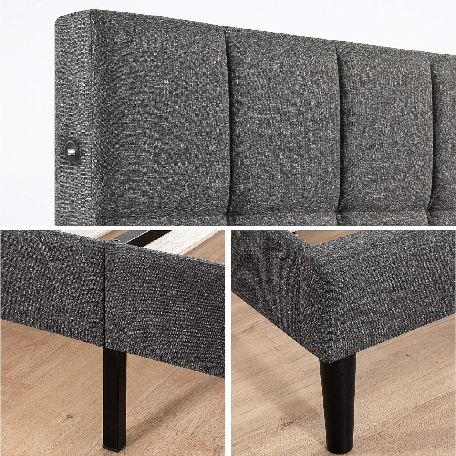 ZINUS Lottie – Base de cama tapizada con cabecero corto y puertos USB, base de colchón, soporte de listones de madera, no necesita somier, fácil