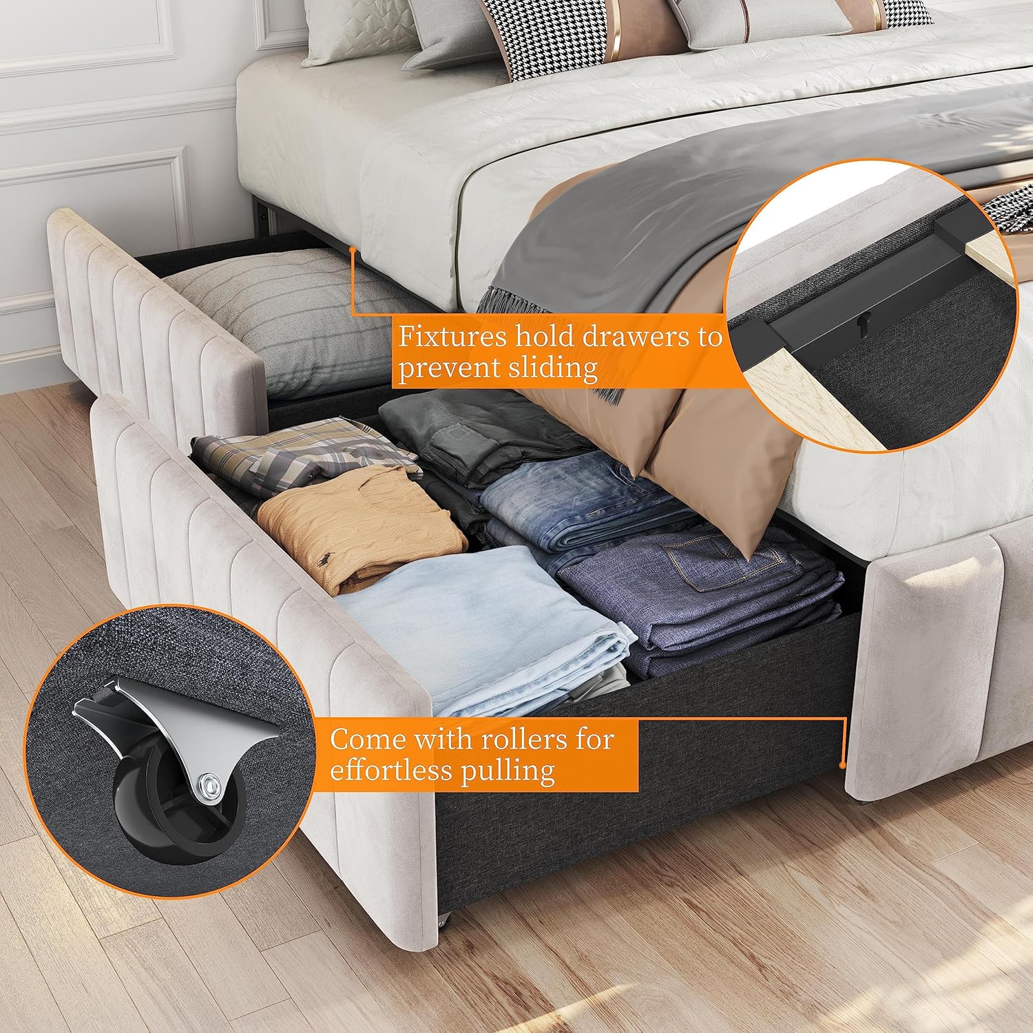 Topeakmart Base de cama tapizada tamaño Queen con 4 cajones, plataforma de almacenamiento con listones de madera, base de colchón, no incluye