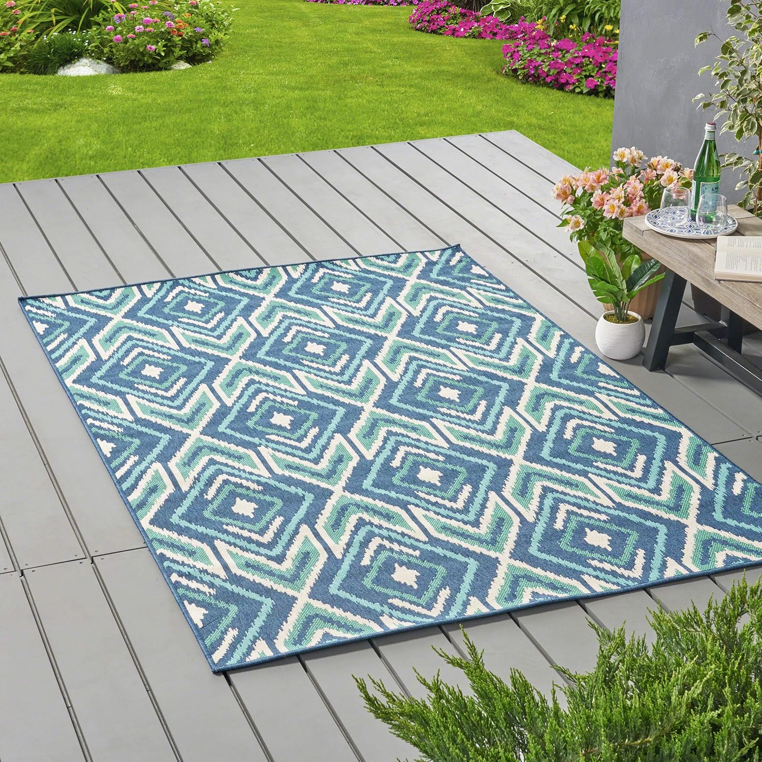 Christopher Knight Home Heather – Alfombra geométrica para exteriores, 5 x 8, azul marinoverde