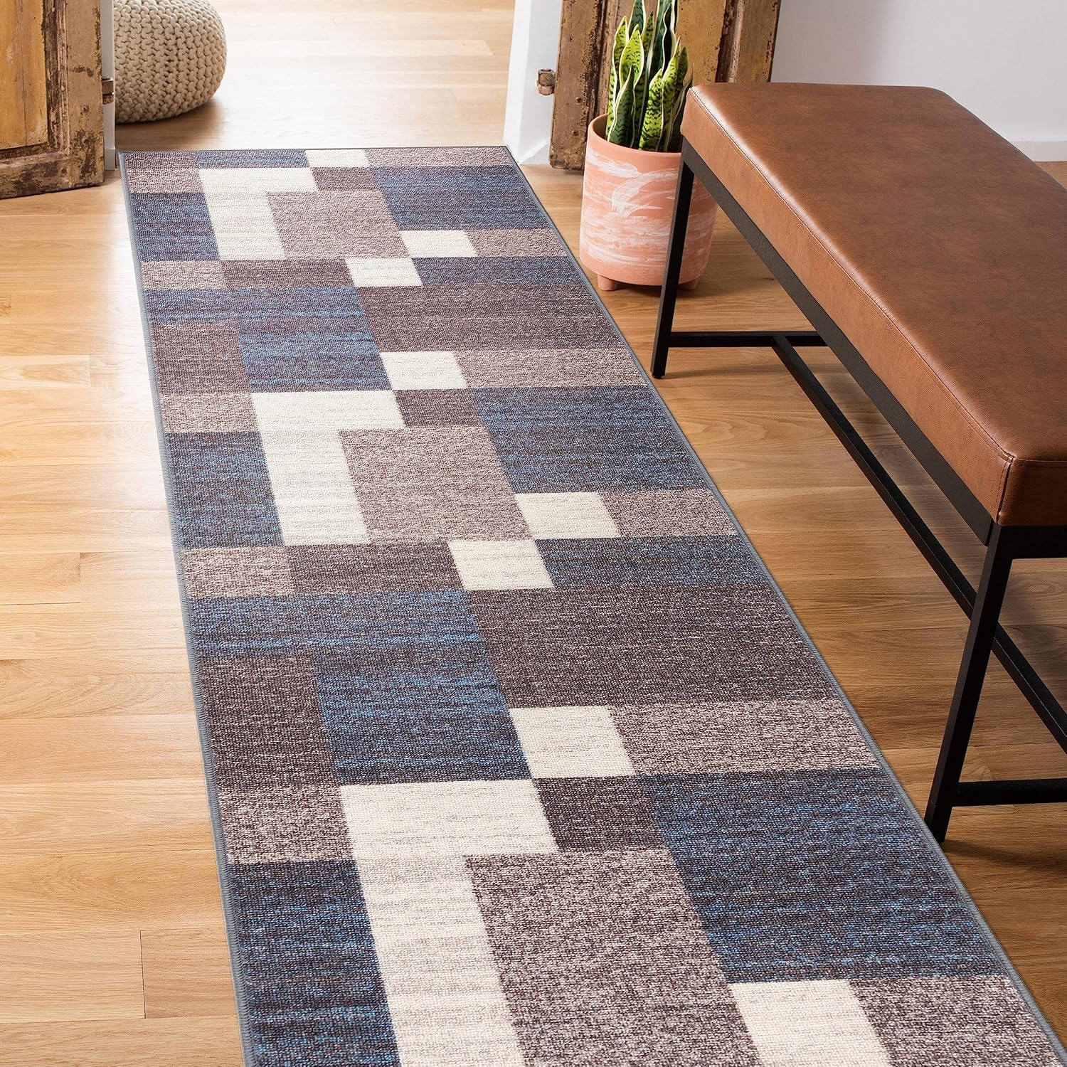 Alfombra con diseño moderno de cuadros (antideslizante), color gris