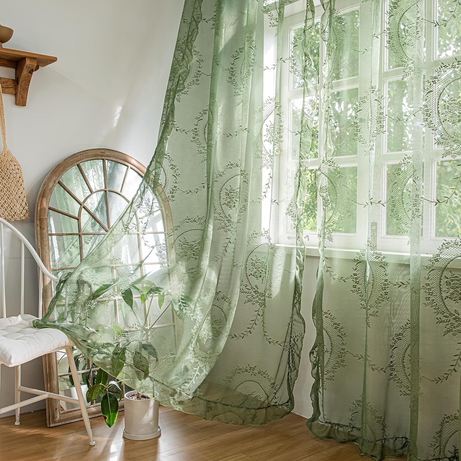 Sutuo Home Juego de 2 cortinas de encaje verde oliva de 84 pulgadas de largo, paneles transparentes con bordado floral rosa con volantes, par de