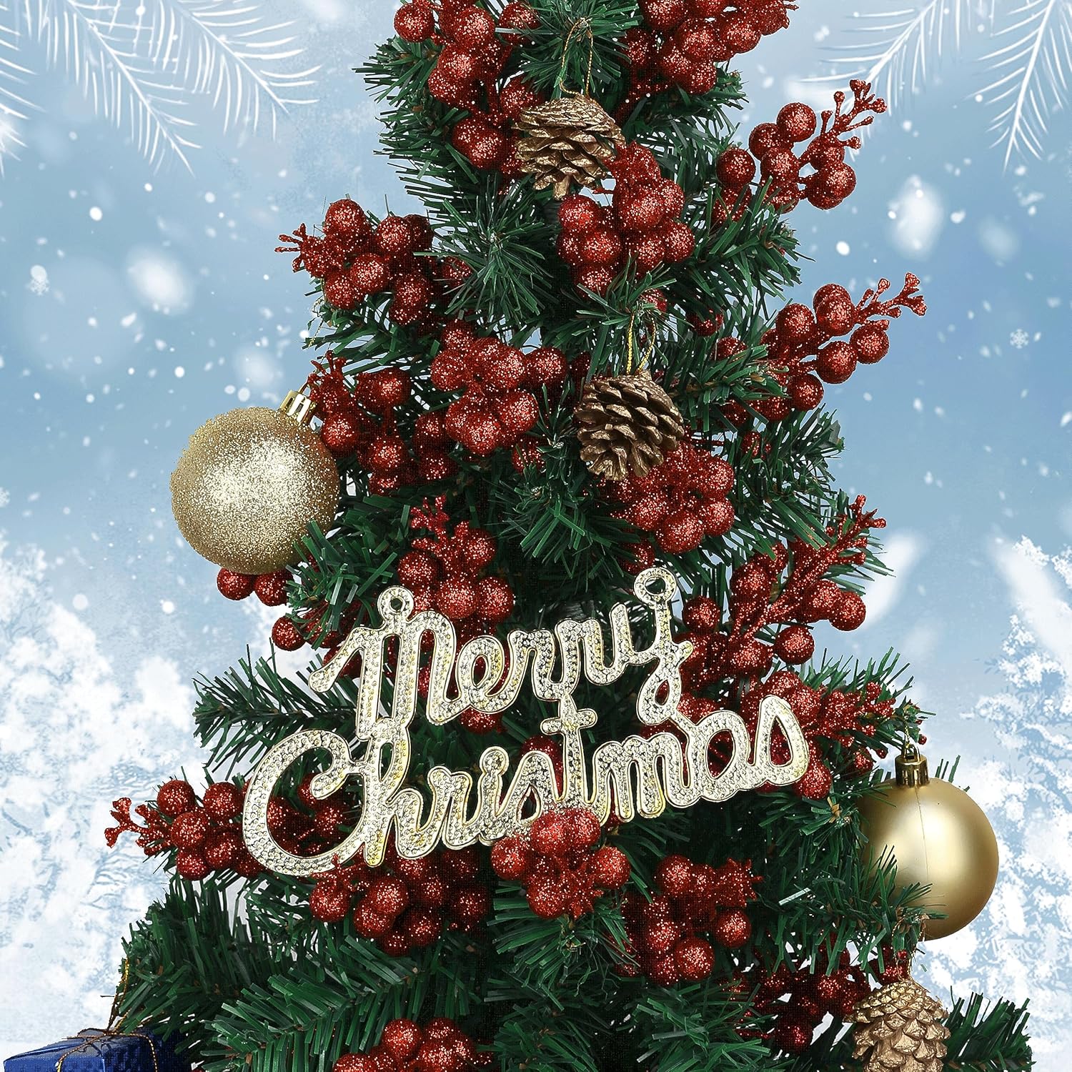 12 piezas de bayas de Navidad, tallos artificiales de bayas rojas con purpurina de 9 pulgadas, púas de Navidad, bayas rojas para árbol de Navidad,