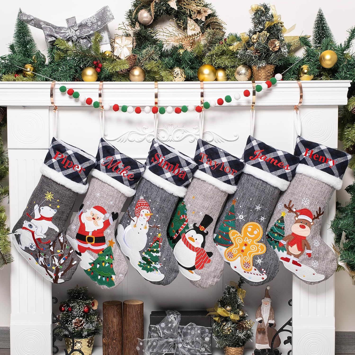 GEX Medias de Navidad personalizadas 2023 de 21 pulgadas, nombres bordados, de arpillera gris y azul, búfalo, piel sintética, lindo patrón para