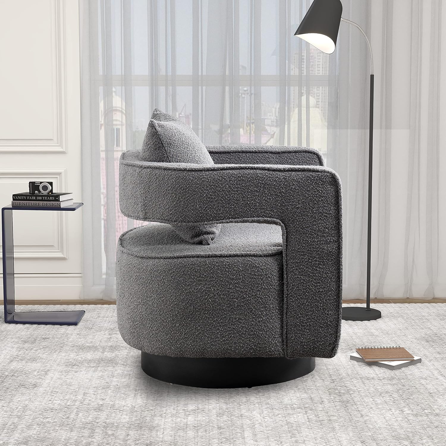 HomSof Silla giratoria de 29.0 pulgadas de ancho con respaldo abierto, moderna y cómoda, para club, ocio, sillón para descanso, gris y negro, 4