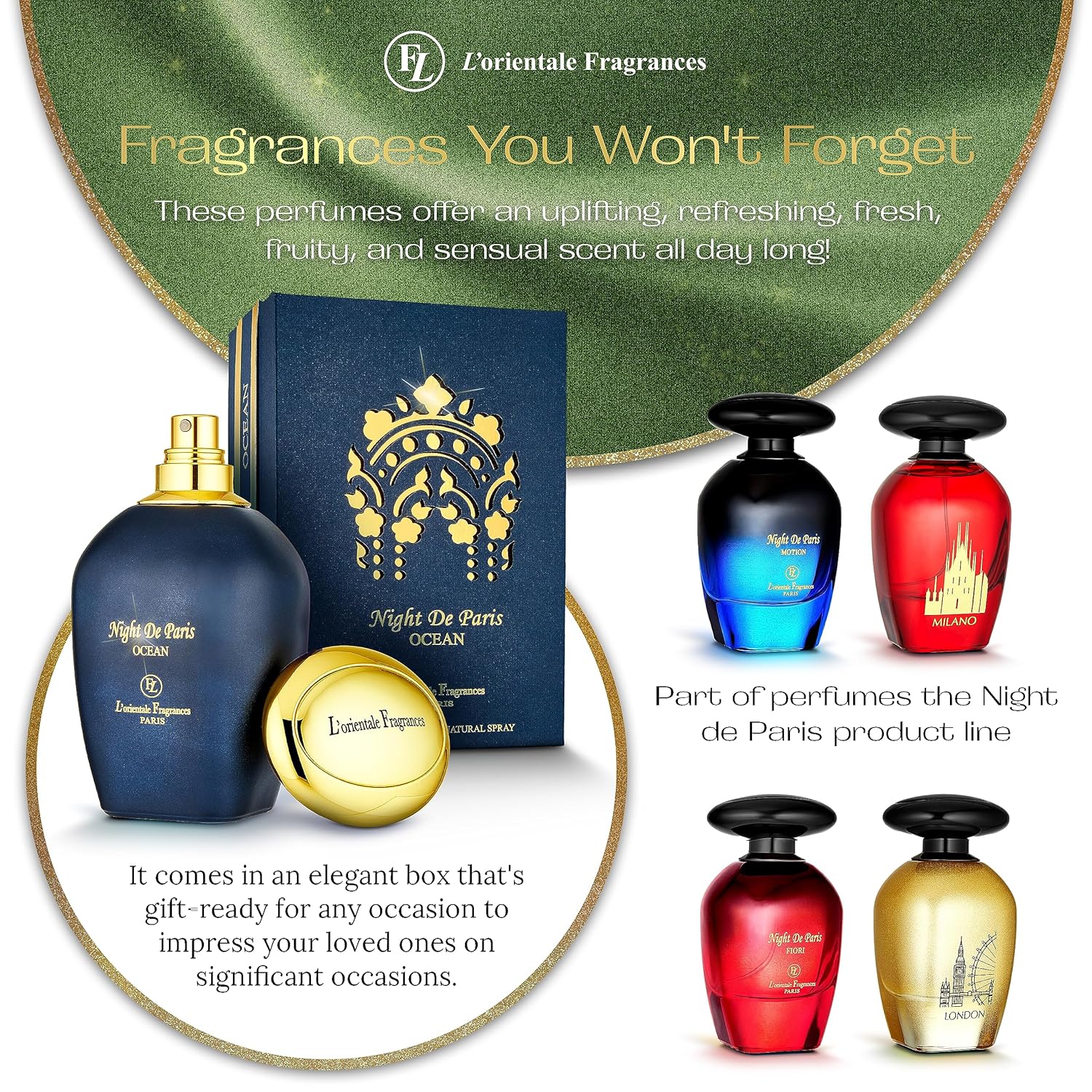 L’ORIENTALE FRAGRANCES Night De Paris Ocean 3.4 fl oz  3.3oz – Perfumes a base de aceite para mujeres y hombres, Eau de Parfum acuático aromático