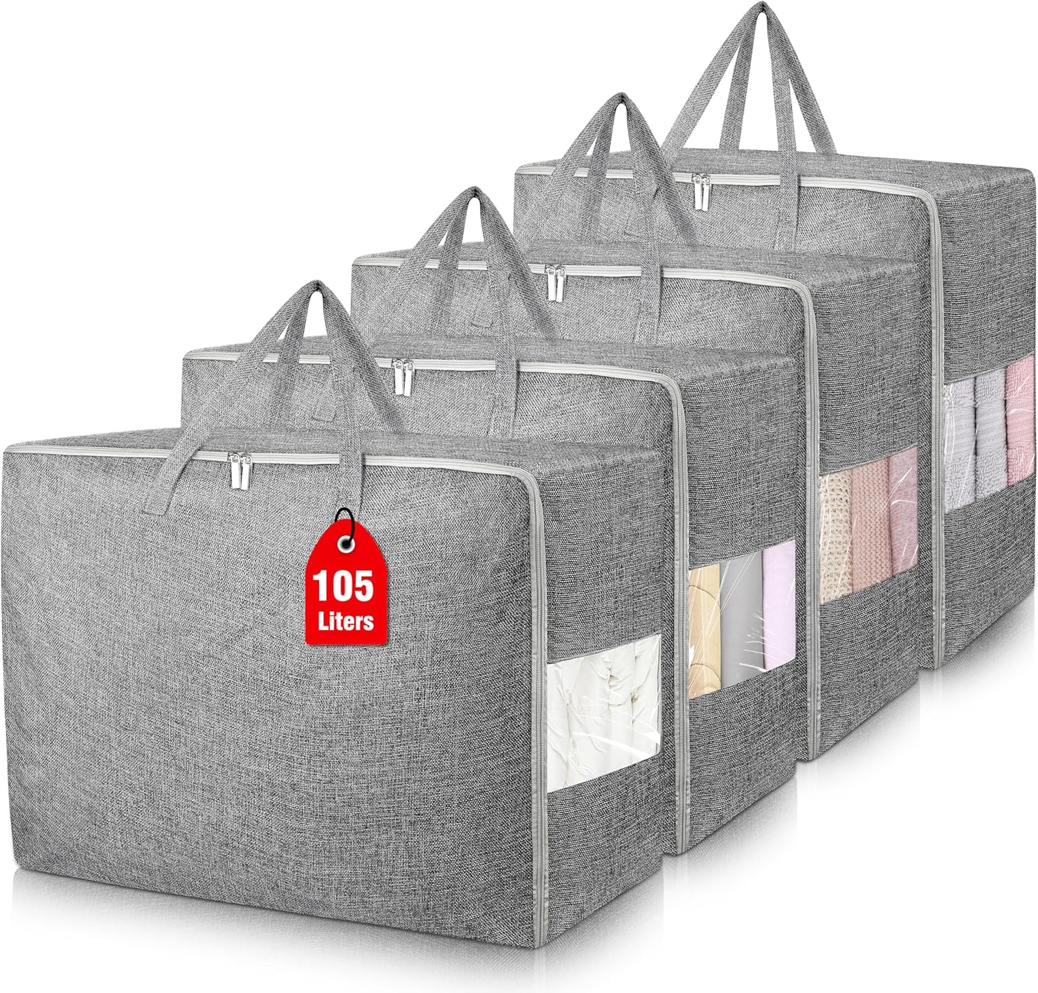 Paquete de 4 bolsas de almacenamiento extra grandes de 105 litros, plegables para manta de edredón, organizadores de clóset y contenedores de
