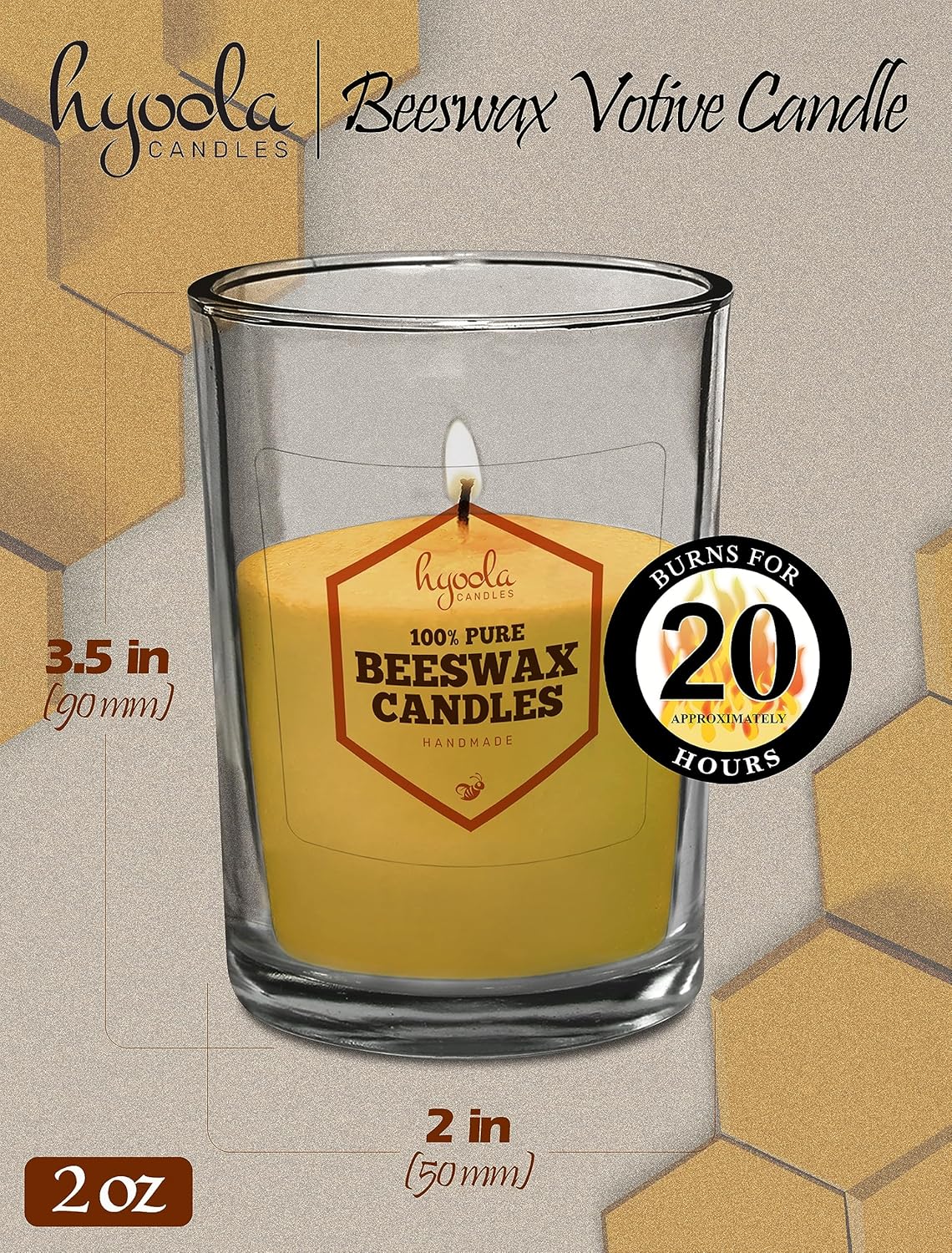 Hyoola Velas votivas de cera de abeja, hechas a mano, totalmente naturales, 100% pura vela de cera de abeja sin perfume, decorativa, amarillo dorado