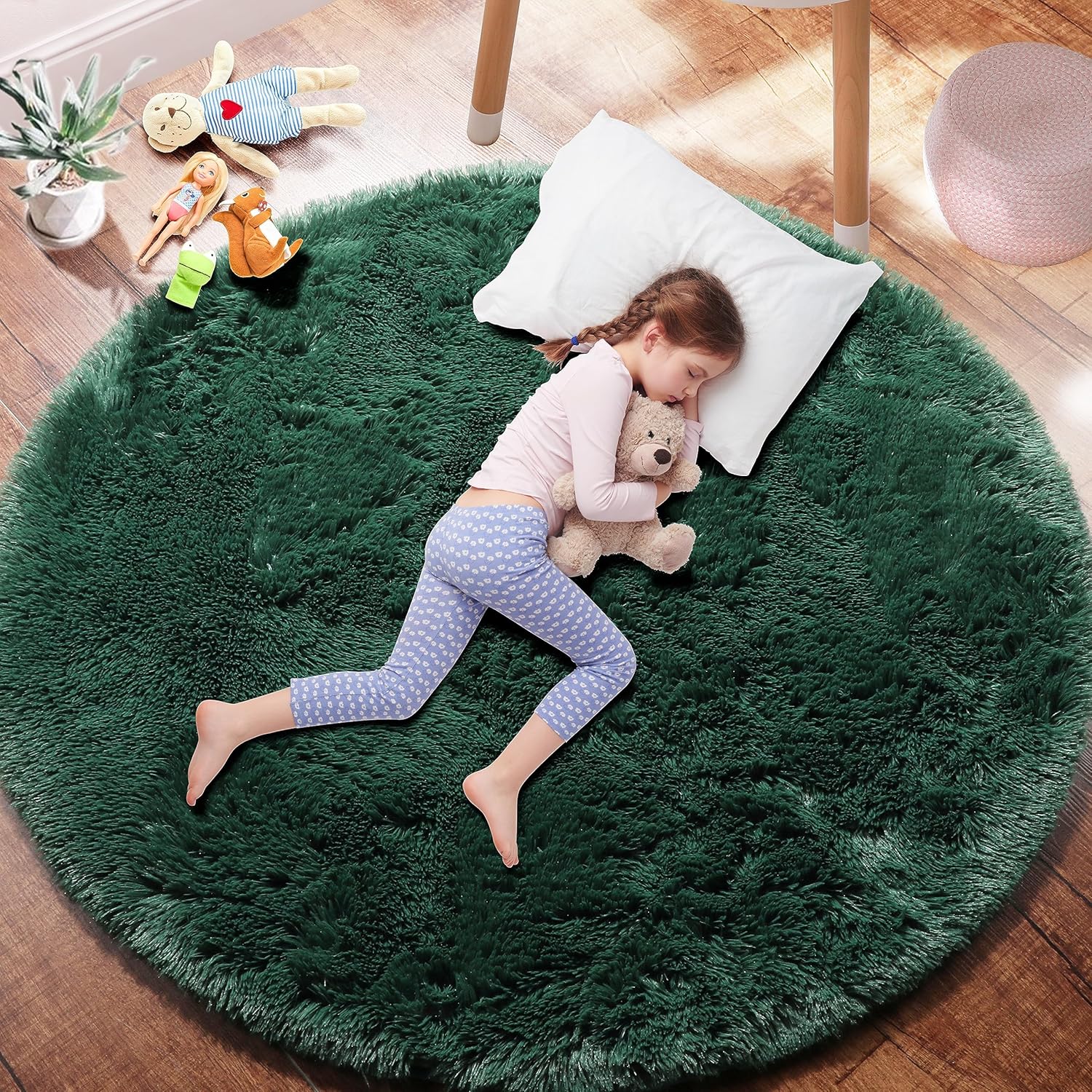 PAGISOFE Alfombra redonda verde oscuro de 4 x 4 para dormitorio de niños, alfombras circulares suaves y esponjosas para niños y adolescentes,