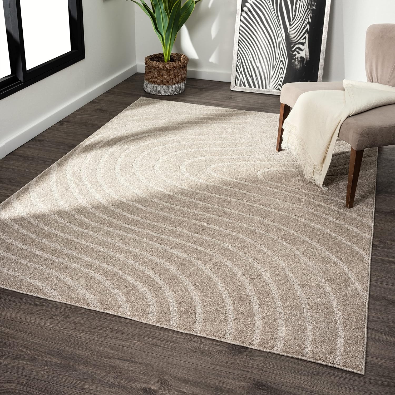 LUXE WEAVERS Alfombra moderna con ondas geométricas beige de 9 x 12 pulgadas, alfombra contemporánea resistente a las manchas