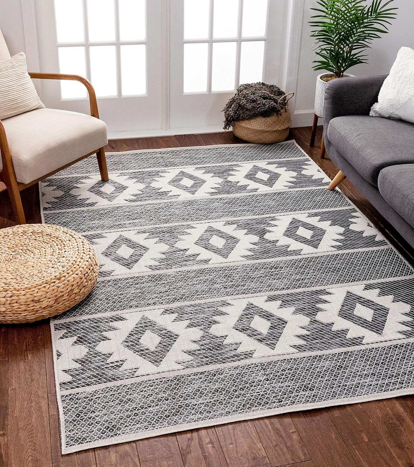 Well Woven Povie – Alfombra gris del suroeste de tejido plano con patrón de medallón de diamante (3 pies 11 pulgadas x 5 pies 3 pulgadas)