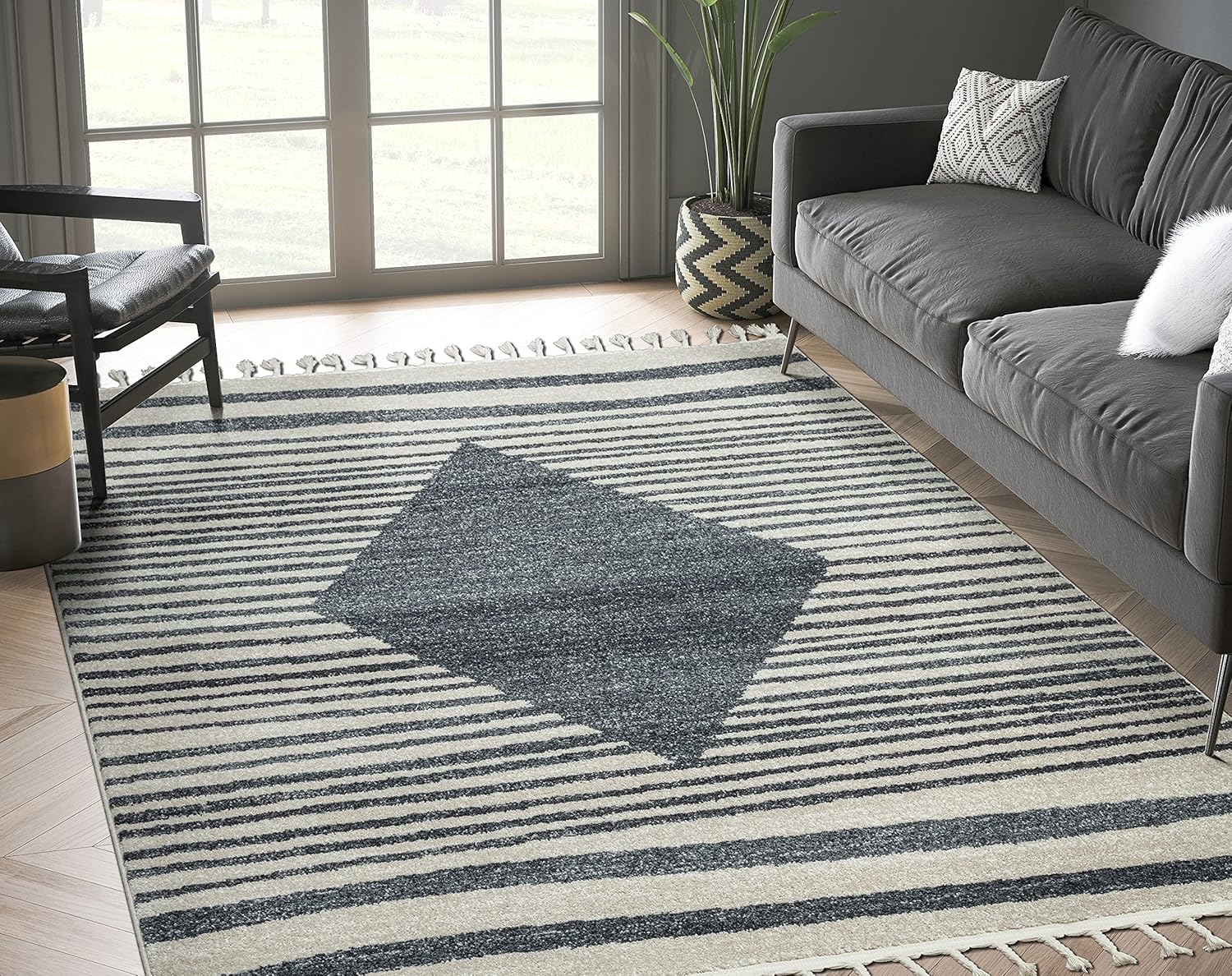 Abani Alfombra de área de transición, alfombras grises y crema a rayas de diamante geométrico 7’9″ x 10’2″ (8×10) alfombra de área con borlas