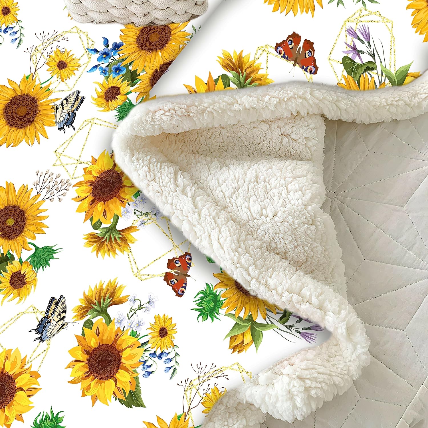 Manta de girasol, regalos de girasol para mujer, manta de regalo de girasol, decoración de ropa de cama blanca, decoración de cosas de girasol,