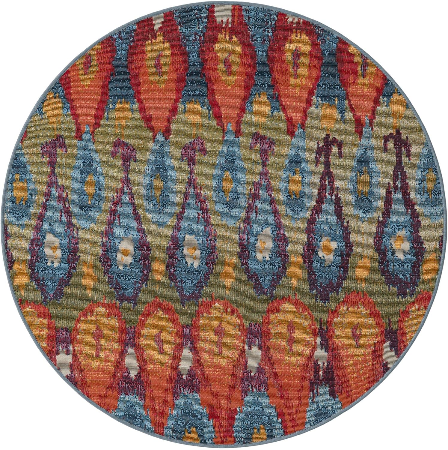 Unique Loom Outdoor Modern Collection – Alfombra Ikat (4 pies 1 pulgada, redonda, multicolor y borgoña)