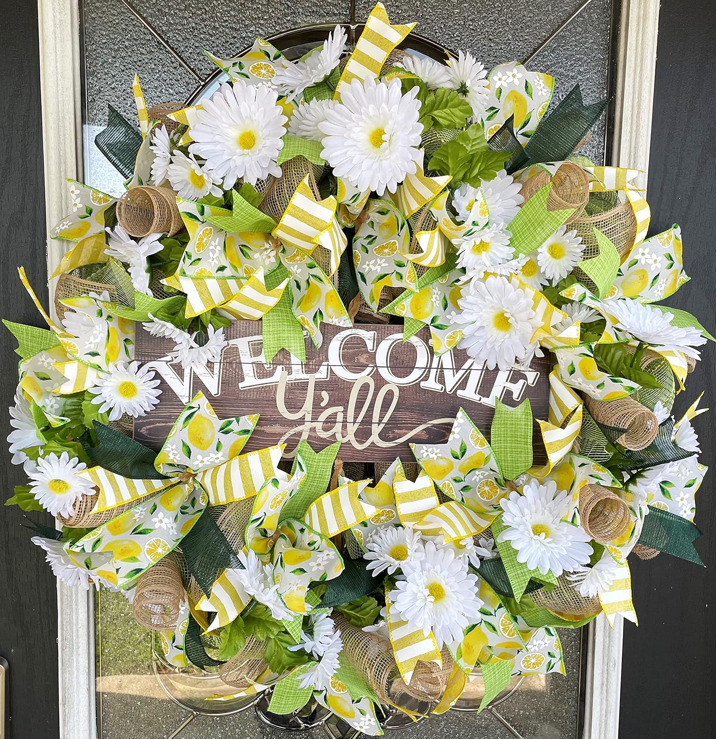 XL Welcome Y’all Lemon & Daisy Summer & Spring Deco Mesh Front Door Wreath, Porch Patio Home Decor, Handmade, Unique Gift Idea for Her