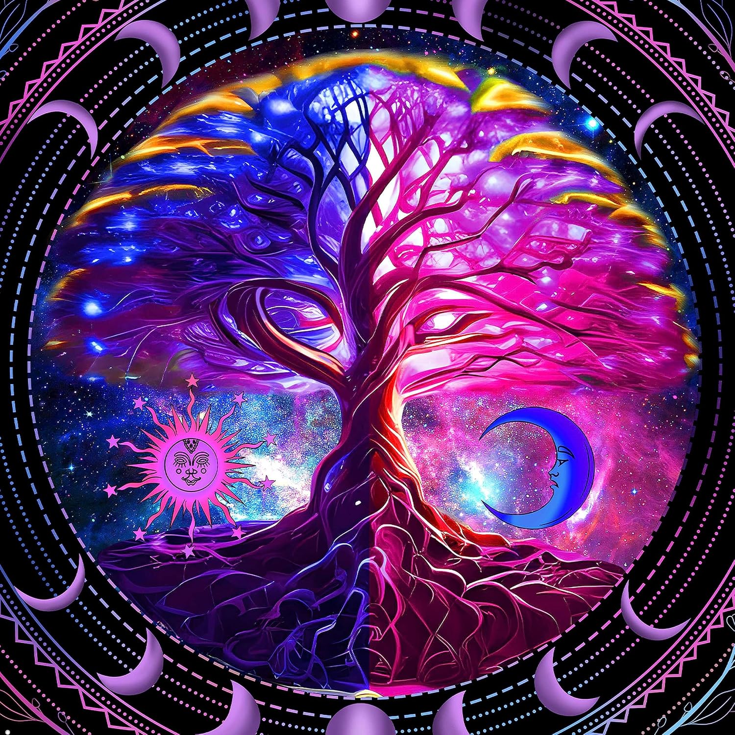 MAMHSABC Tapiz de árbol de la vida, tapiz hippy de sol y luna, tapiz de flores y vides, tapiz hippie para colgar en la pared, dormitorio, decoración