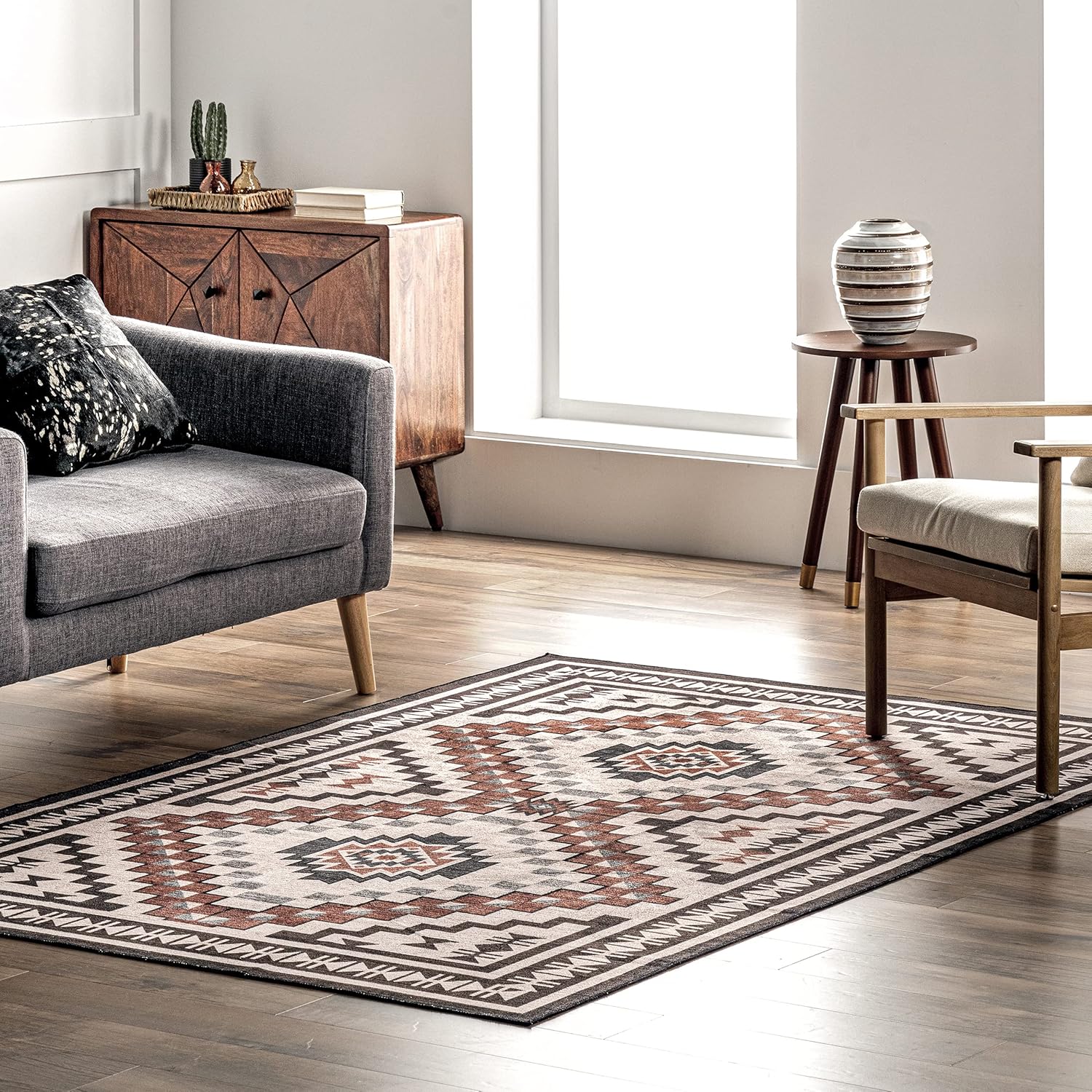nuLOOM Leighton – Alfombra ultrafina lavable a máquina, medallón suroeste, 6 pies, cuadrada, color beige