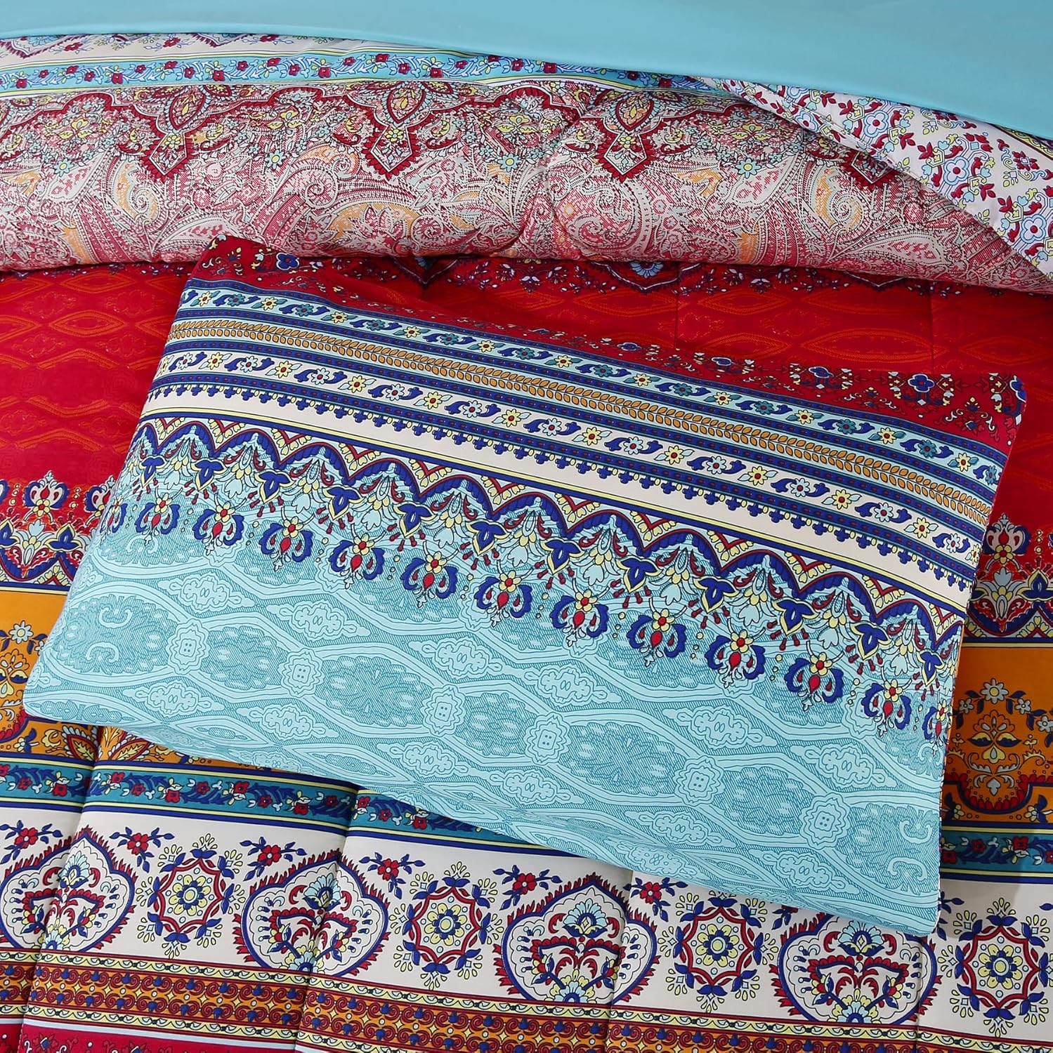 Juego de edredón reversible de 7 piezas con estampado colorido de estilo bohemio rojo y azul, tamaño matrimonial (1 edredón, 1 sábana encimera, 1