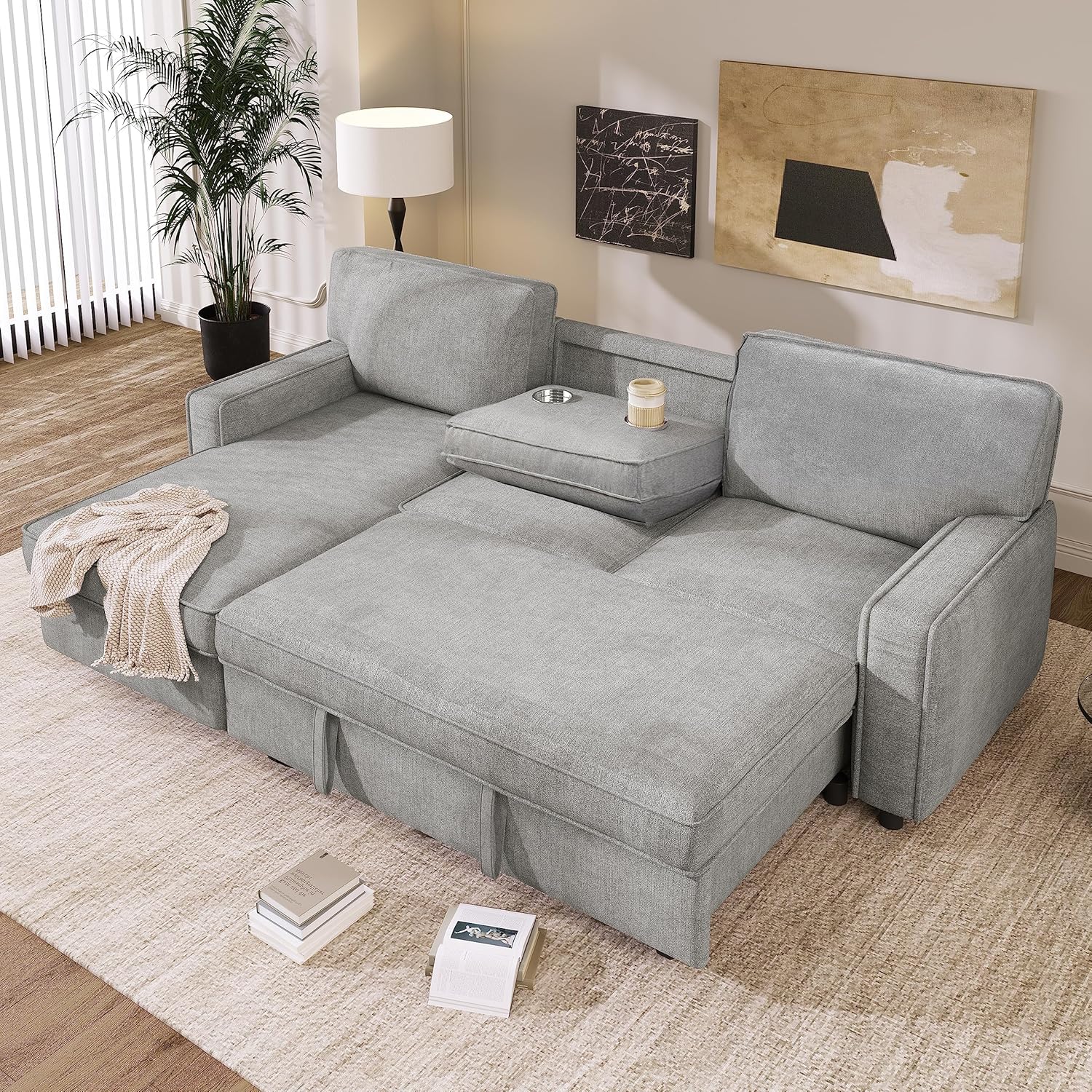 JULYFOX Sofá cama seccional L con diván de almacenamiento, sofá modular esquinero de color gris con portavasos oculto, 2 puertos USB de 89 pulgadas
